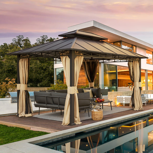 Homrest 10' x 12' Iron Gazebo Hardtop Double Roof w/ Anti-Rust Coating Frame, Waterproof Curtains & Netting
