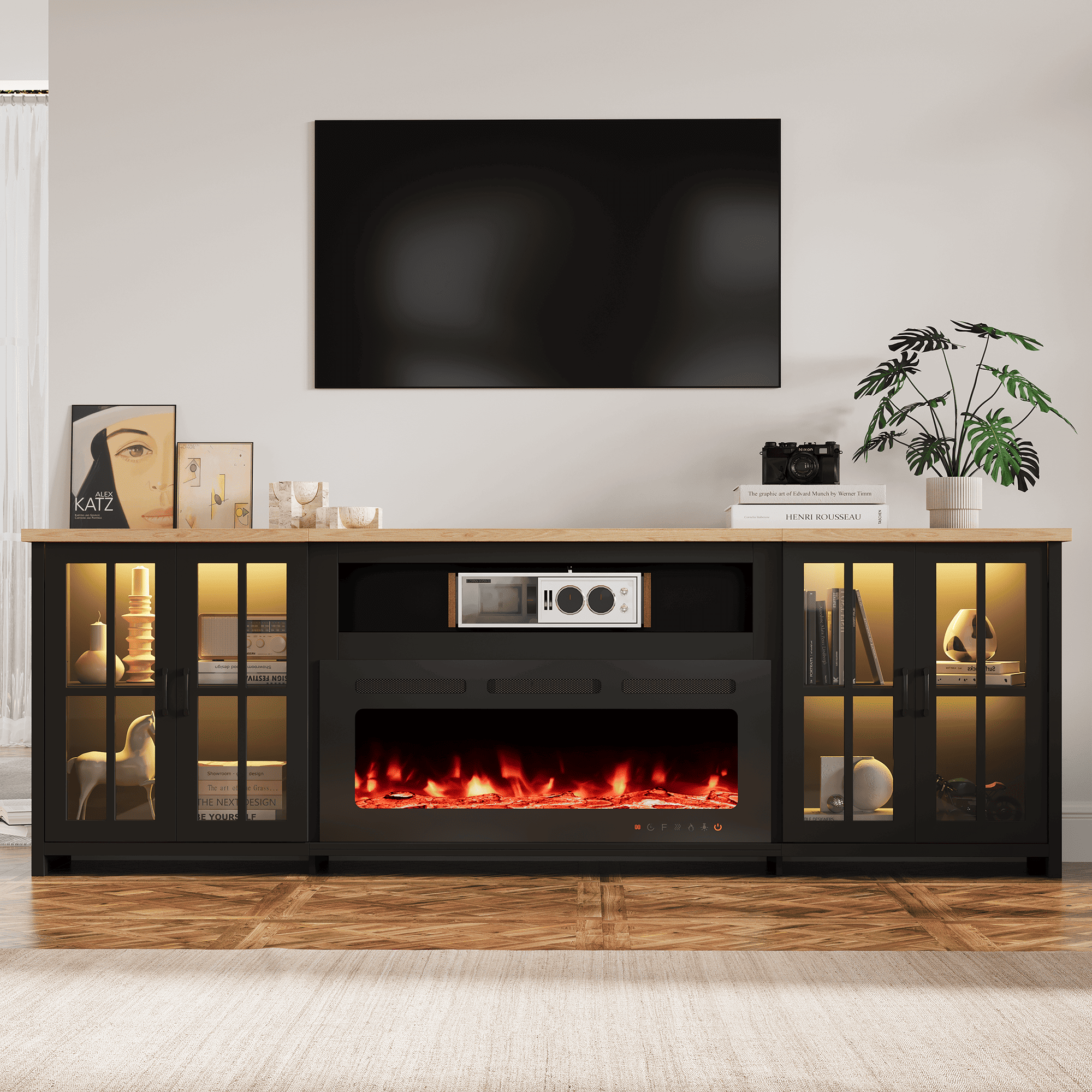 HOMREST 97 Inch Fireplace TV Stand with 42" Electric Fireplace, Fireplace Entertainment Center Media Console, Long TV Stand for Living Room, Television Stands for 100 Inch TV, Black