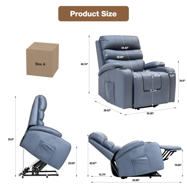 Homrest Power Lift Recliner Chair with Massage & Heat, Cup Holders & USB Port, Blue