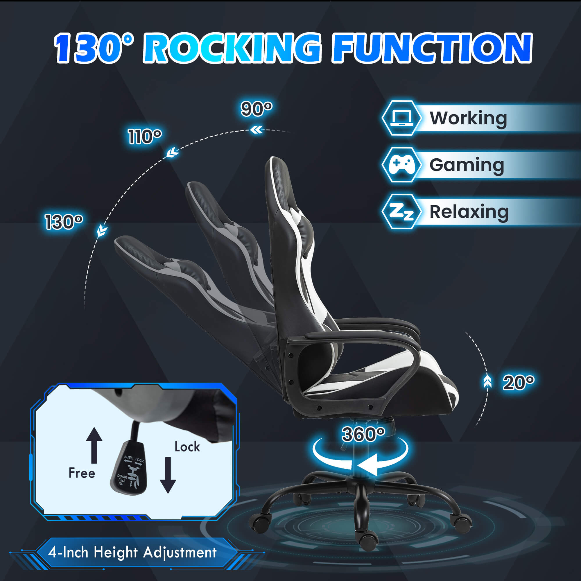 HOMREST Gaming Chair, Ergonomic Computer Gamer Chair with Massage Lumbar Support & Rocking High Back, Height Adjustable, White