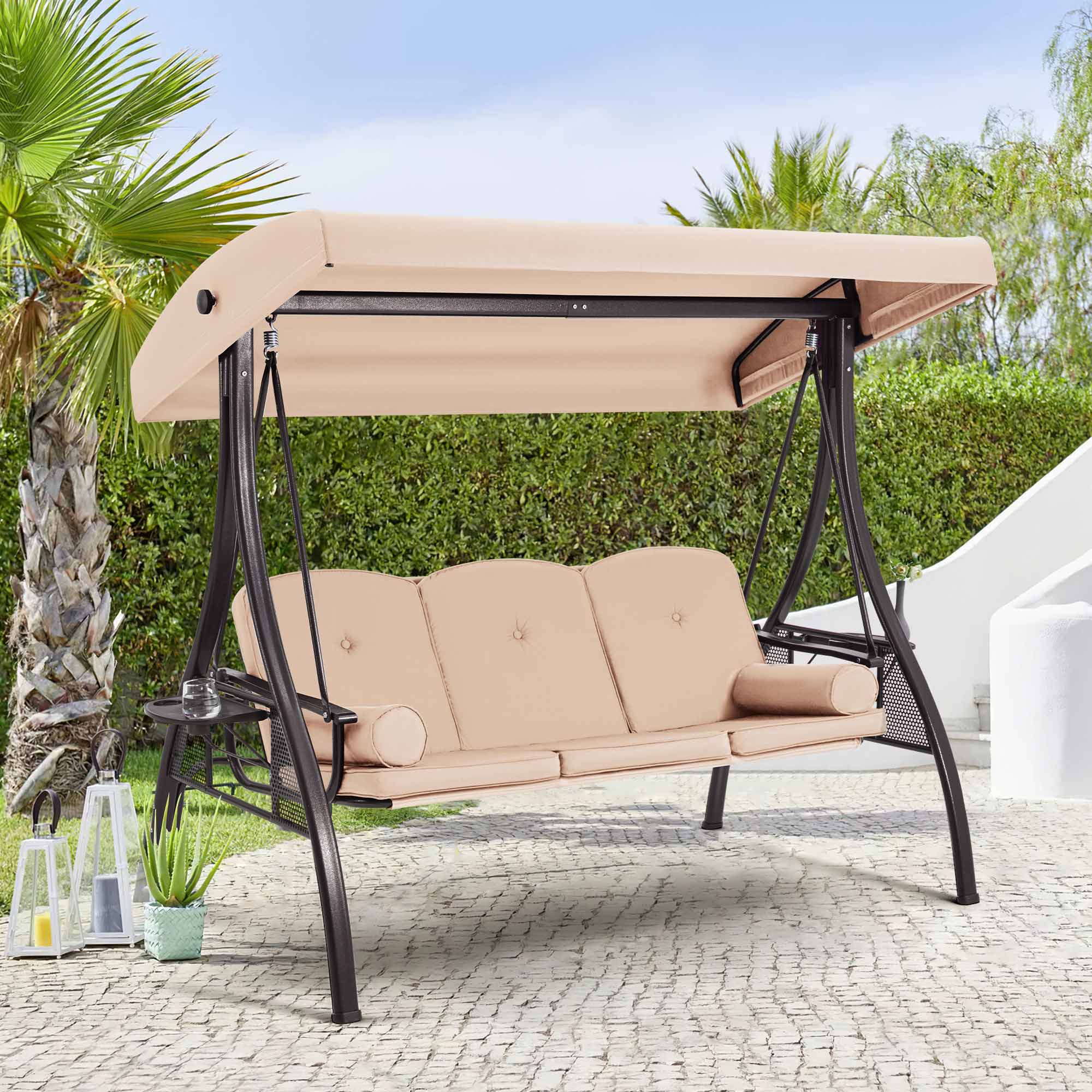 3-Seat Outdoor Porch Swing with Adjustable Canopy and Backrest for Porch, Balcony and Poolside, Khaki | Homrest Furniture