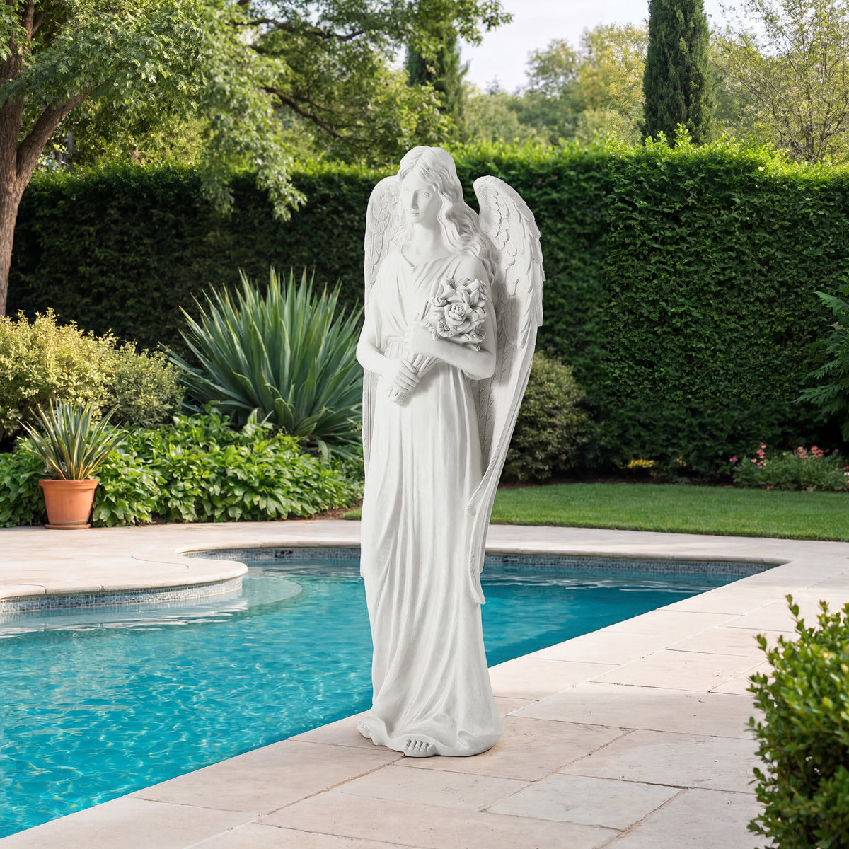 HOMREST 45'' Large Outdoor Statues, Garden Angel Holding Flowers, Sculpture Decor for Patio, Yard and Home, White