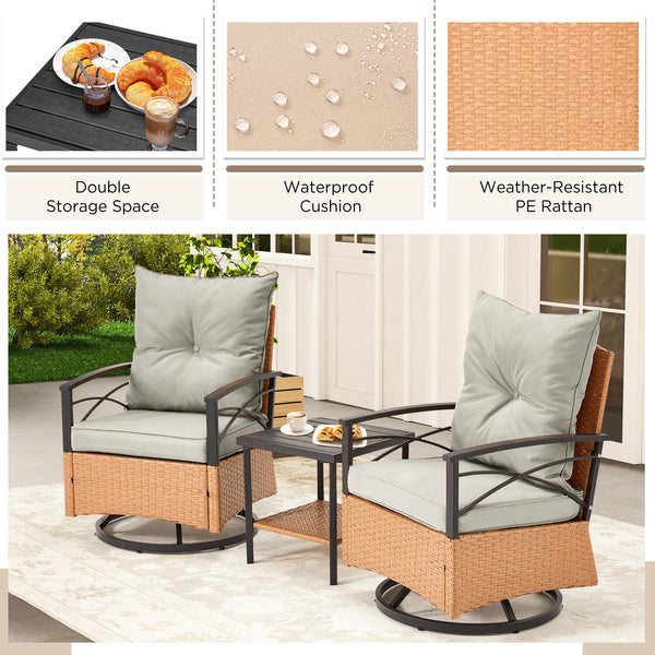 HOMREST 3-Piece Patio Swivel Rocker Set with Rattan Coffee Table, Gray