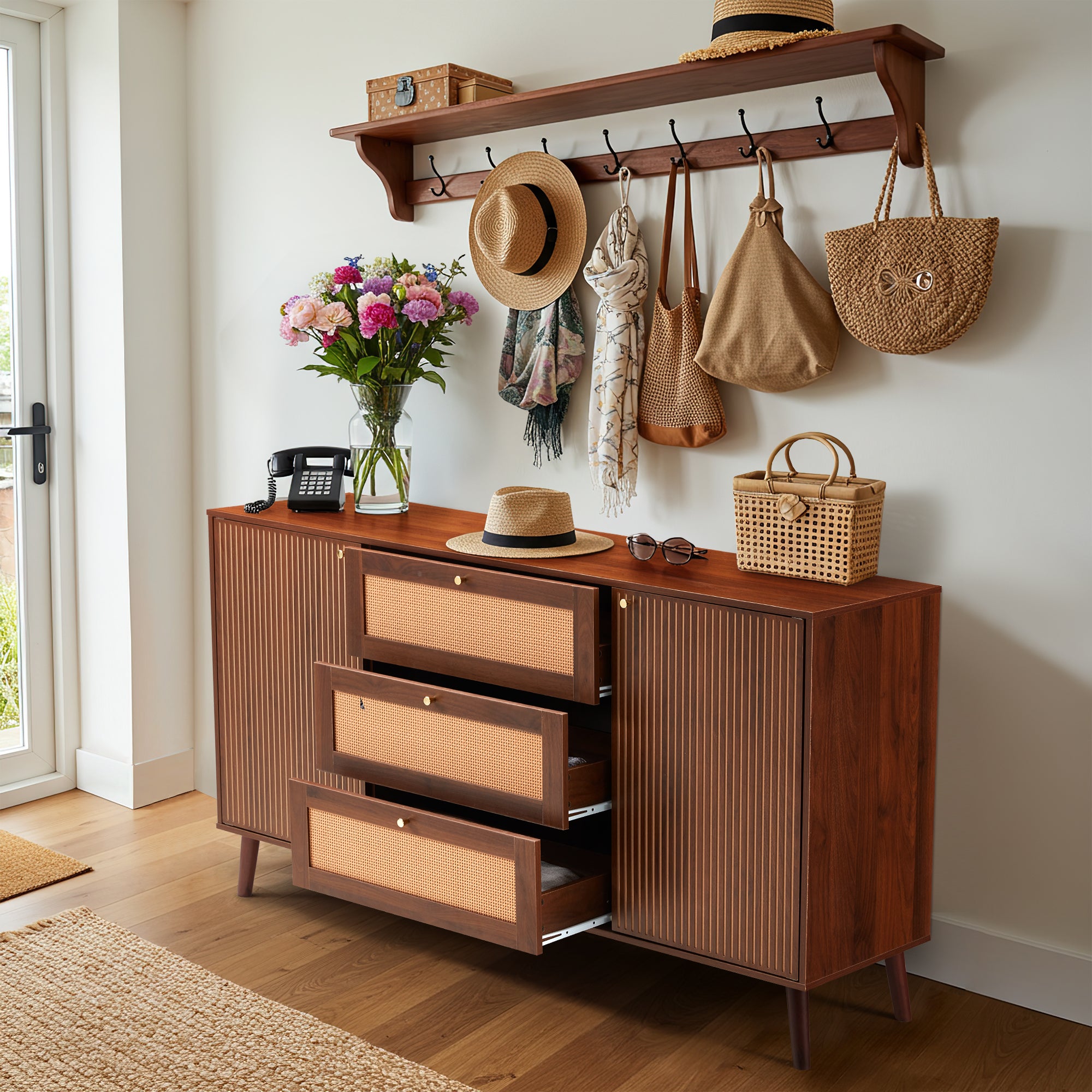 HOMREST  Solid Wood Sideboard Buffet Cabinet, Mid-Century Credenza for Living Room, Entryway, Walnut