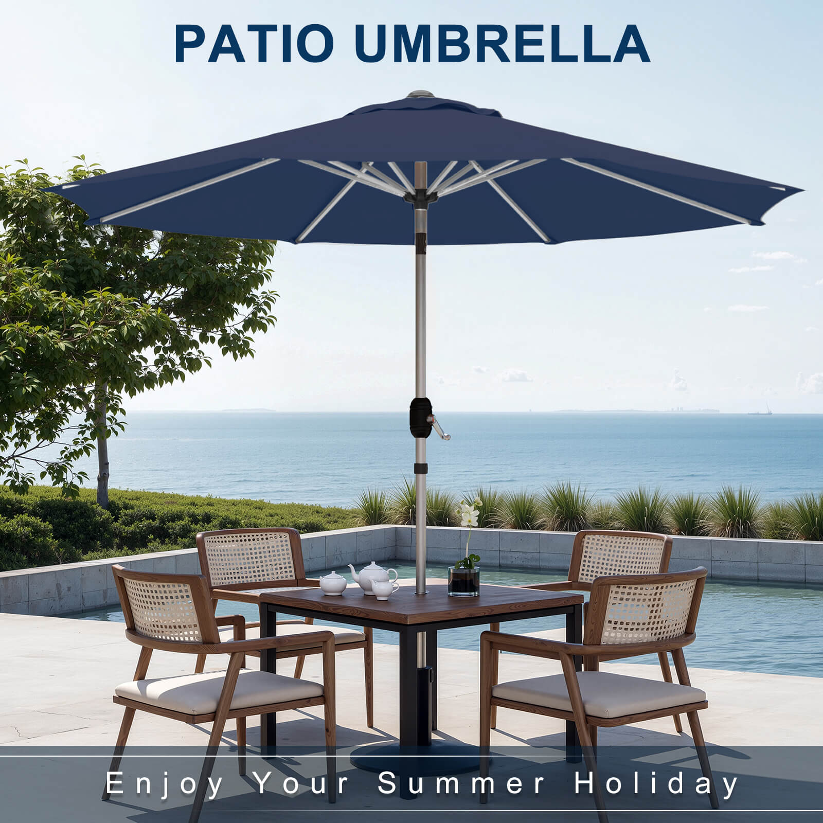 HOMREST 10FT Aluminum Outdoor Patio Umbrella with Push Button Tilt Function, Navy Blue