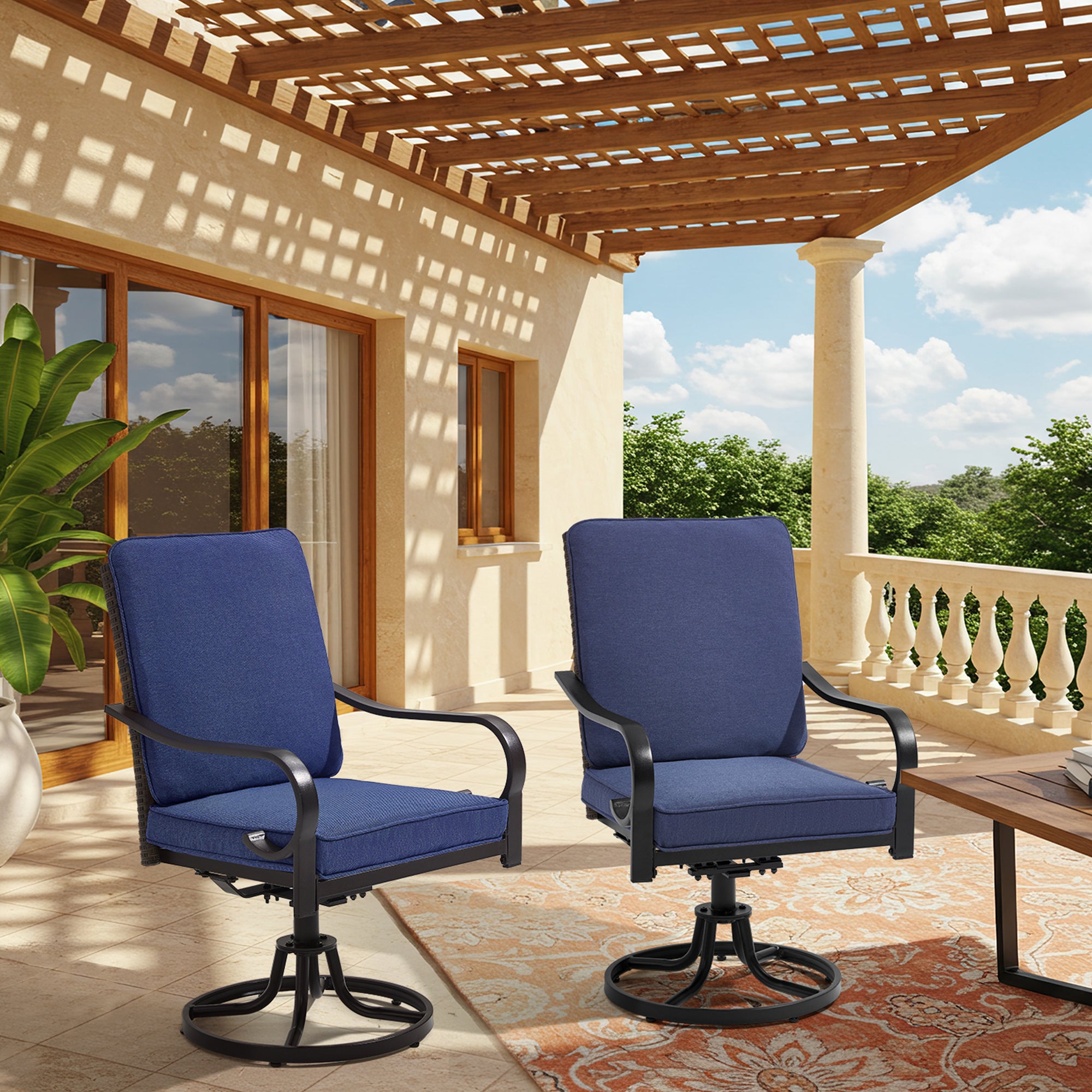 HOMREST Patio Swivel Chairs Set of 2 with Full Rattan Backrest, Blue