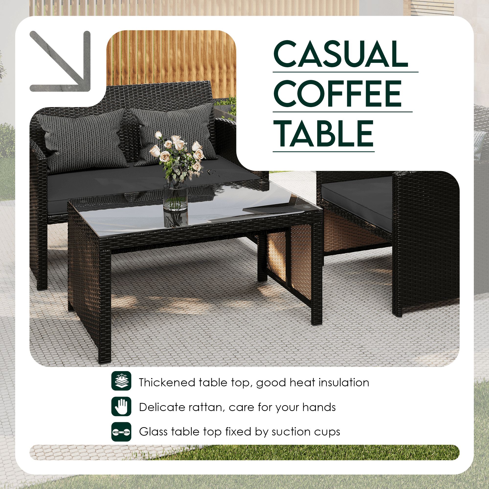 HOMREST 4-Piece Patio Furniture Set, Outdoor Wicker Patio Conversation Set with Cushions, Sofa & Glass Coffee Table, Gray
