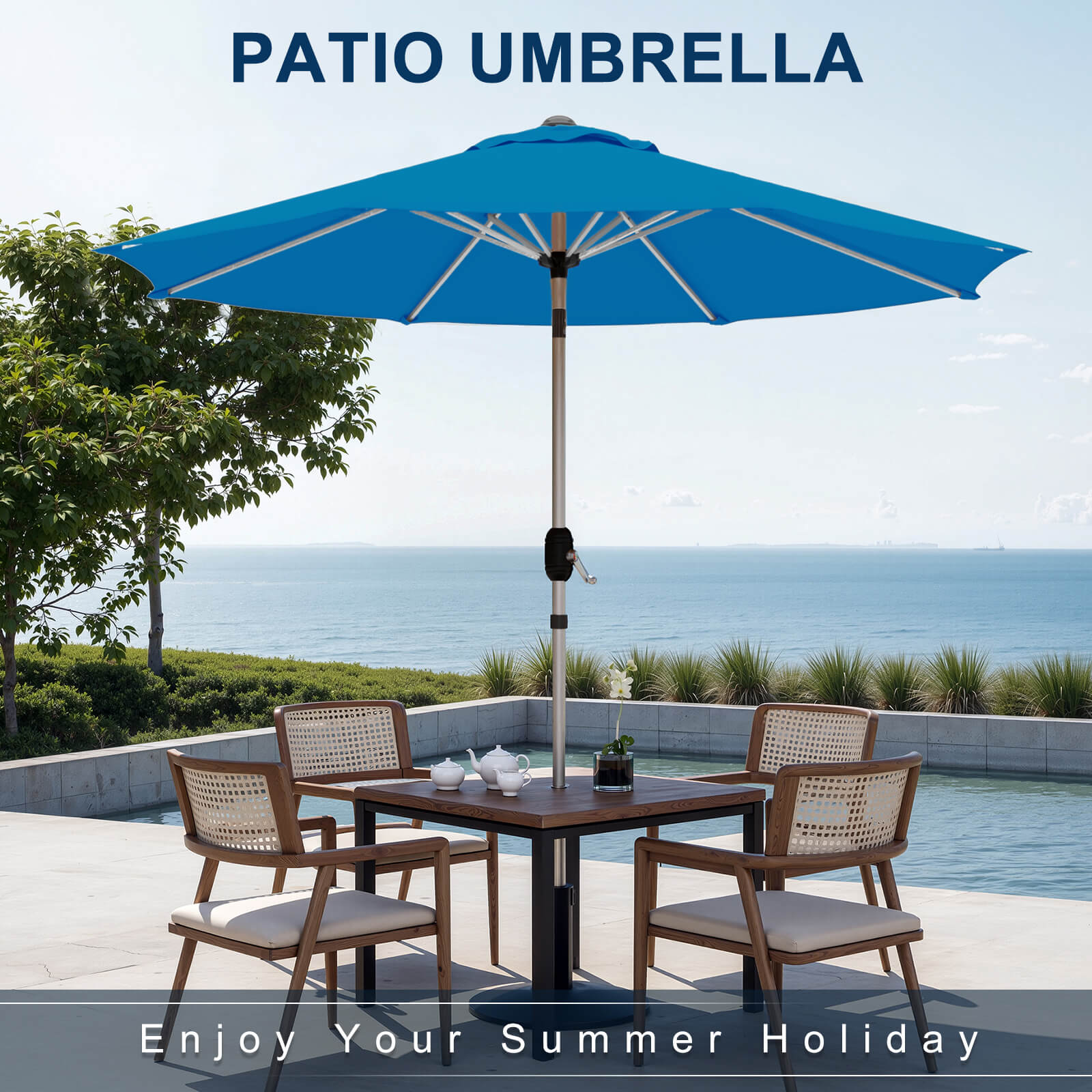 Homrest 9FT Aluminum Patio Umbrella, Fade-Resistant with Push Tilt, 8 Sturdy Aluminum Ribs Royal Blue