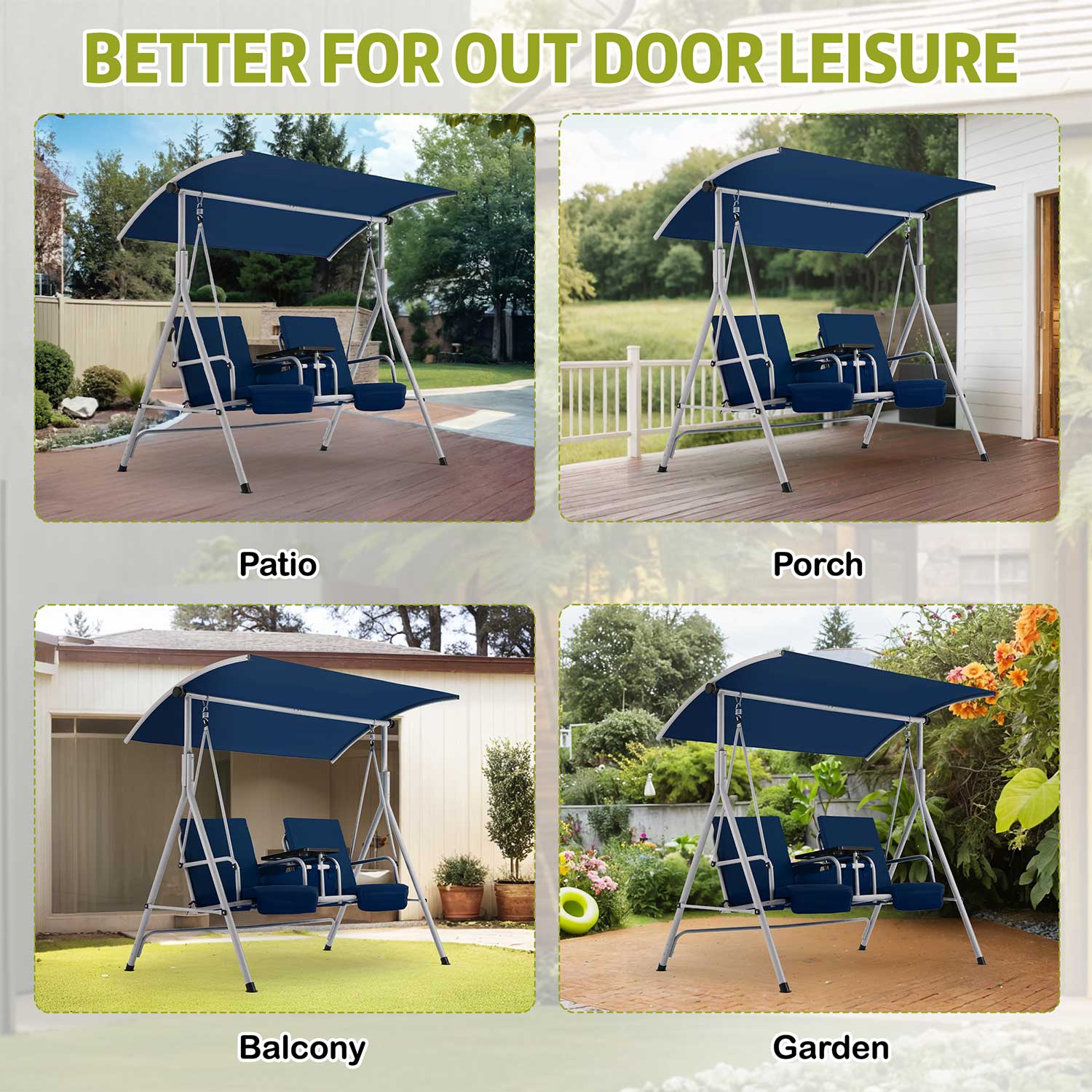 Homrest 2 Seat Outdoor Porch Swing with Adjustable Canopy, Navy Blue