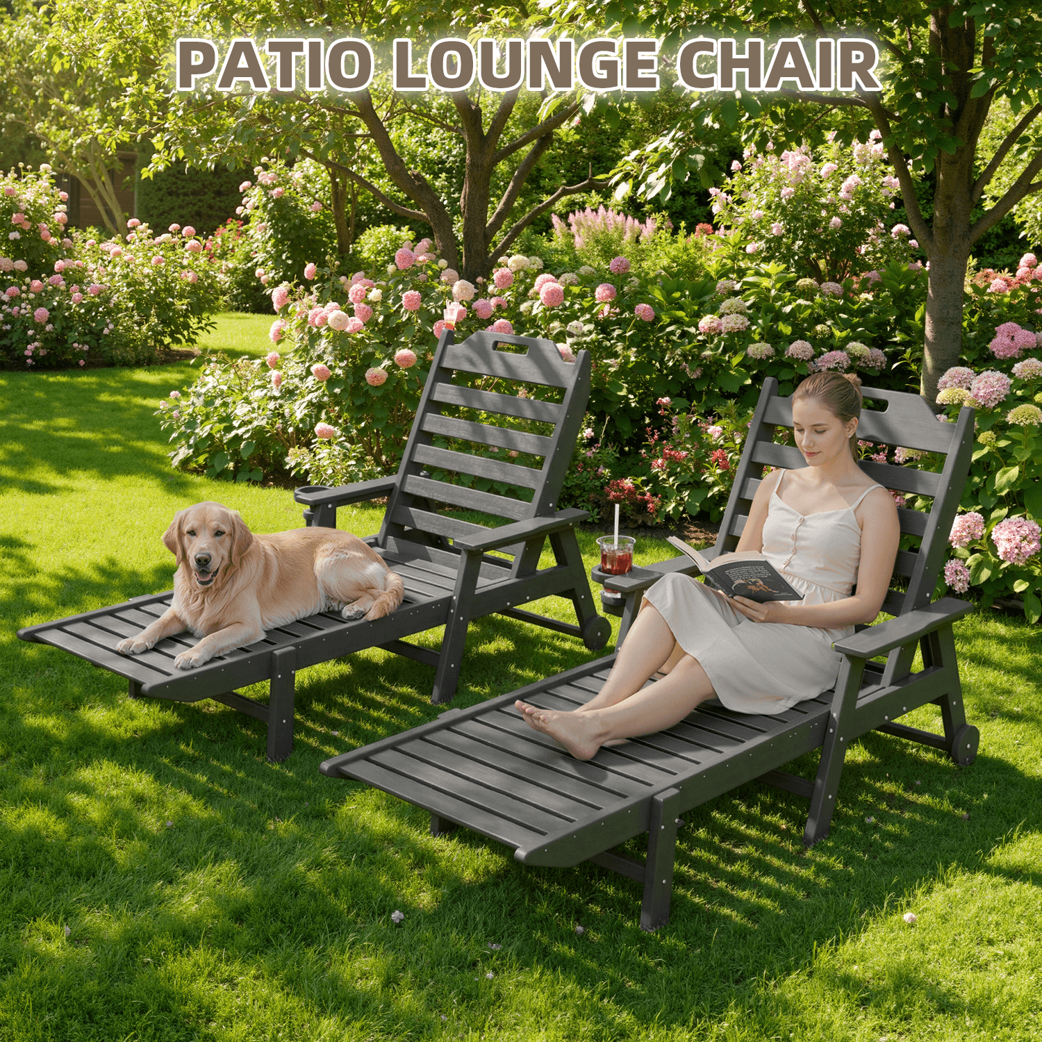 HOMREST 24" W Oversized Chaise Lounge Chairs Set of 2, Adjustable HDPE Outdoor Chairs with Wheels & Cup Holder, Dark Grey