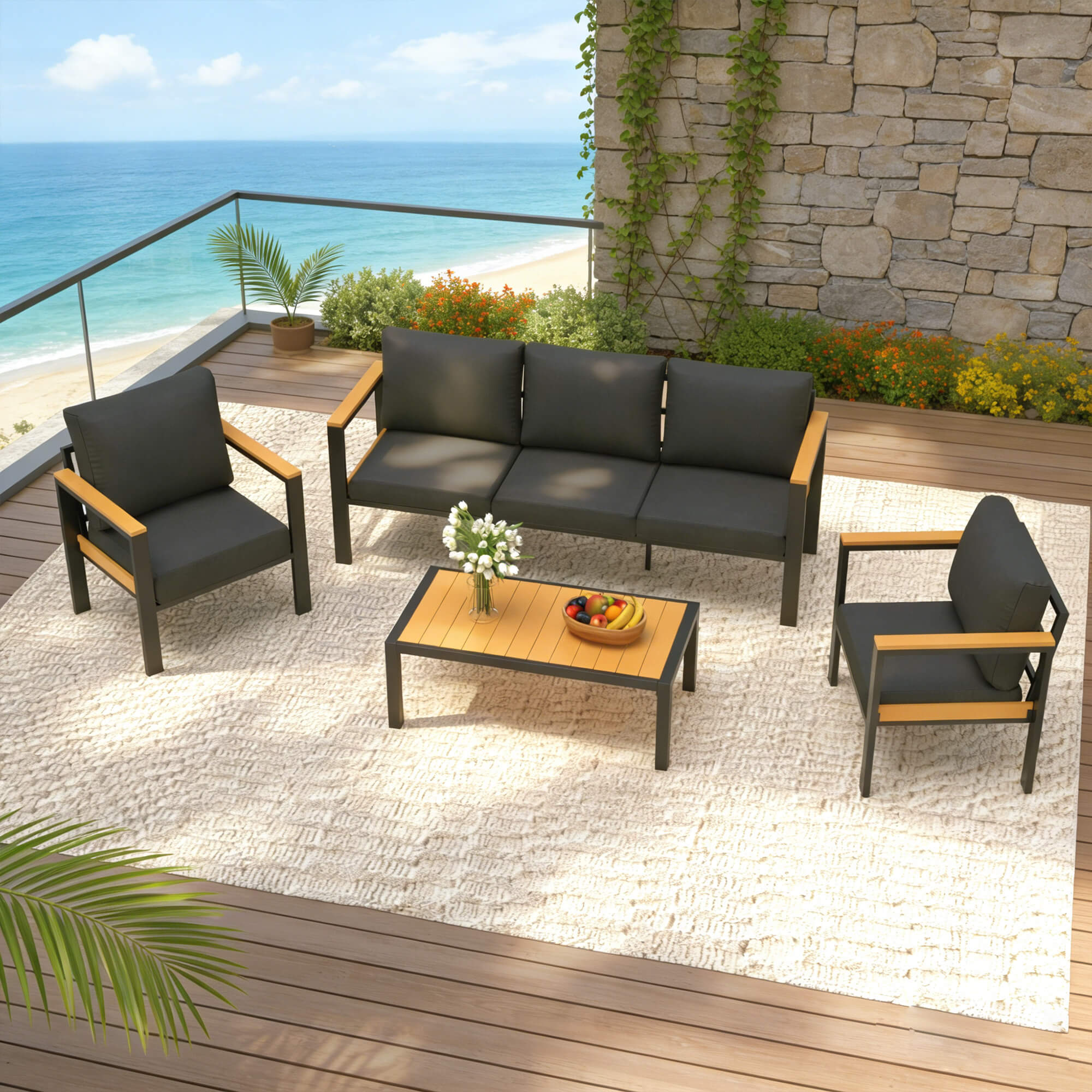 HOMREST 5 Piece Patio Furniture Set, Metal Patio Conversation Set with Coffee Table, All-Weather Outdoor Furniture, Black