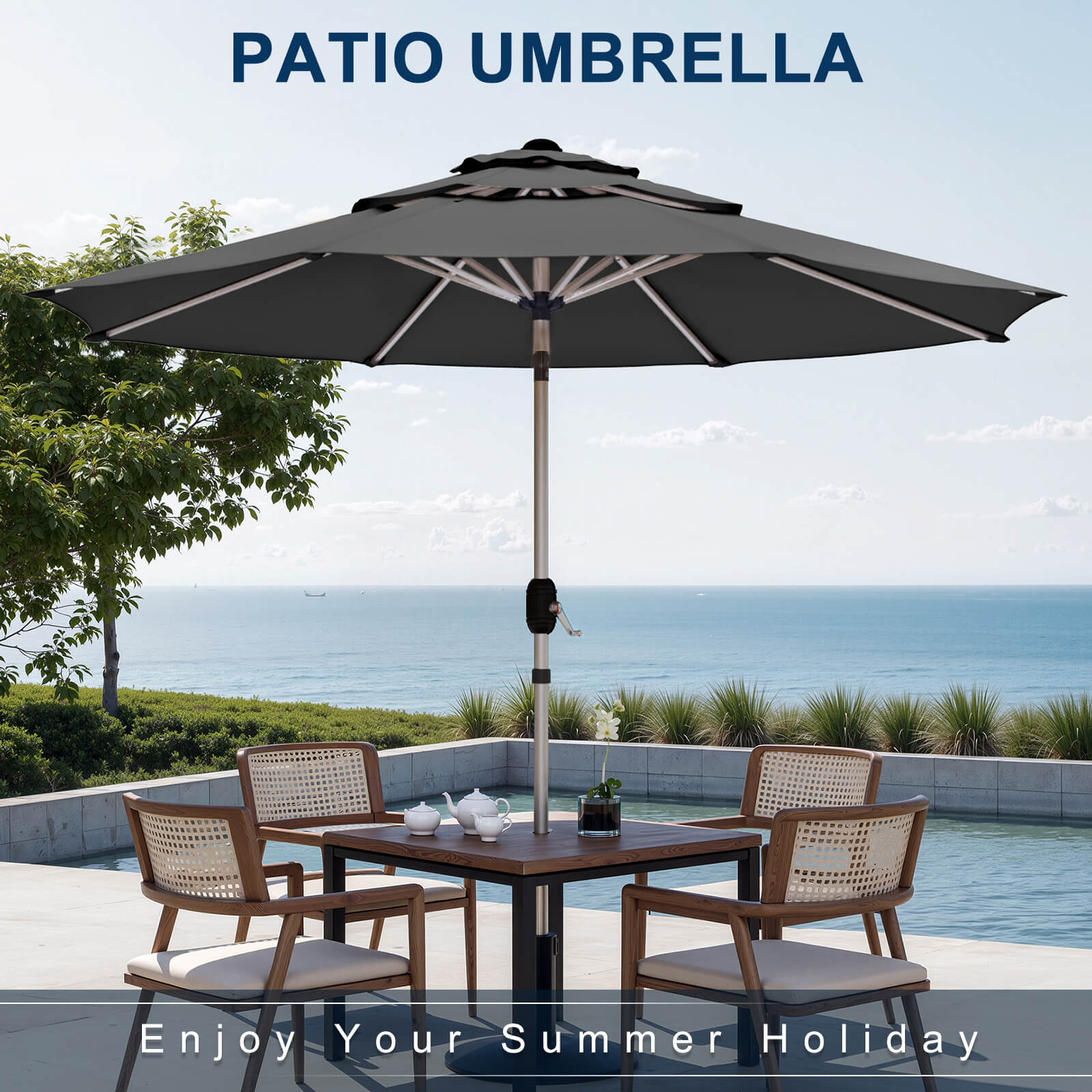 HOMREST 10FT 3-Tier Aluminum Outdoor Patio Umbrella with Push Button Tilt Function, Grey