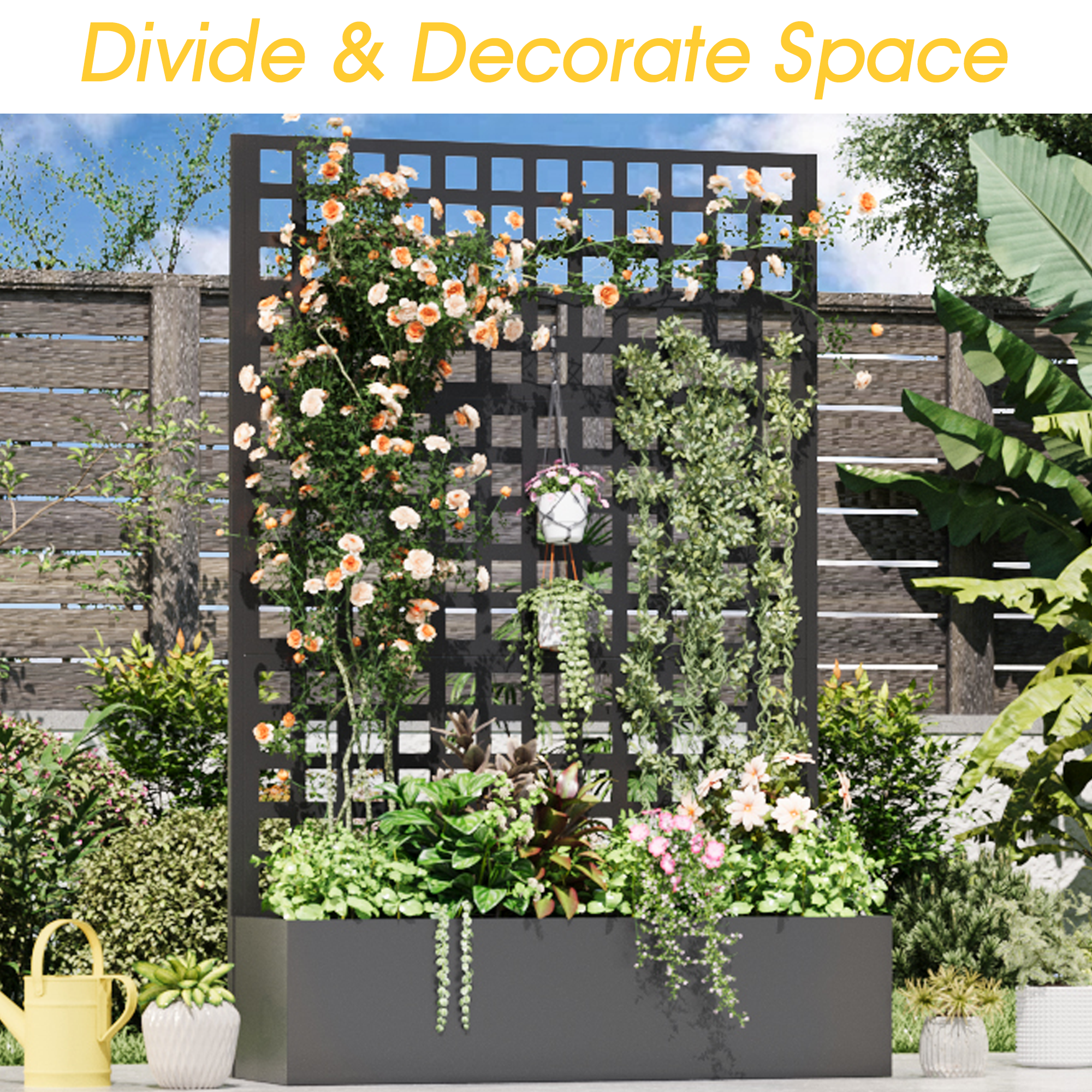 HOMREST Metal Planter Box with Trellis, 71"x 47"x 16" Raised Garden Bed, Planter Box Trellis with Privacy Screen and Drainage Holes, Black