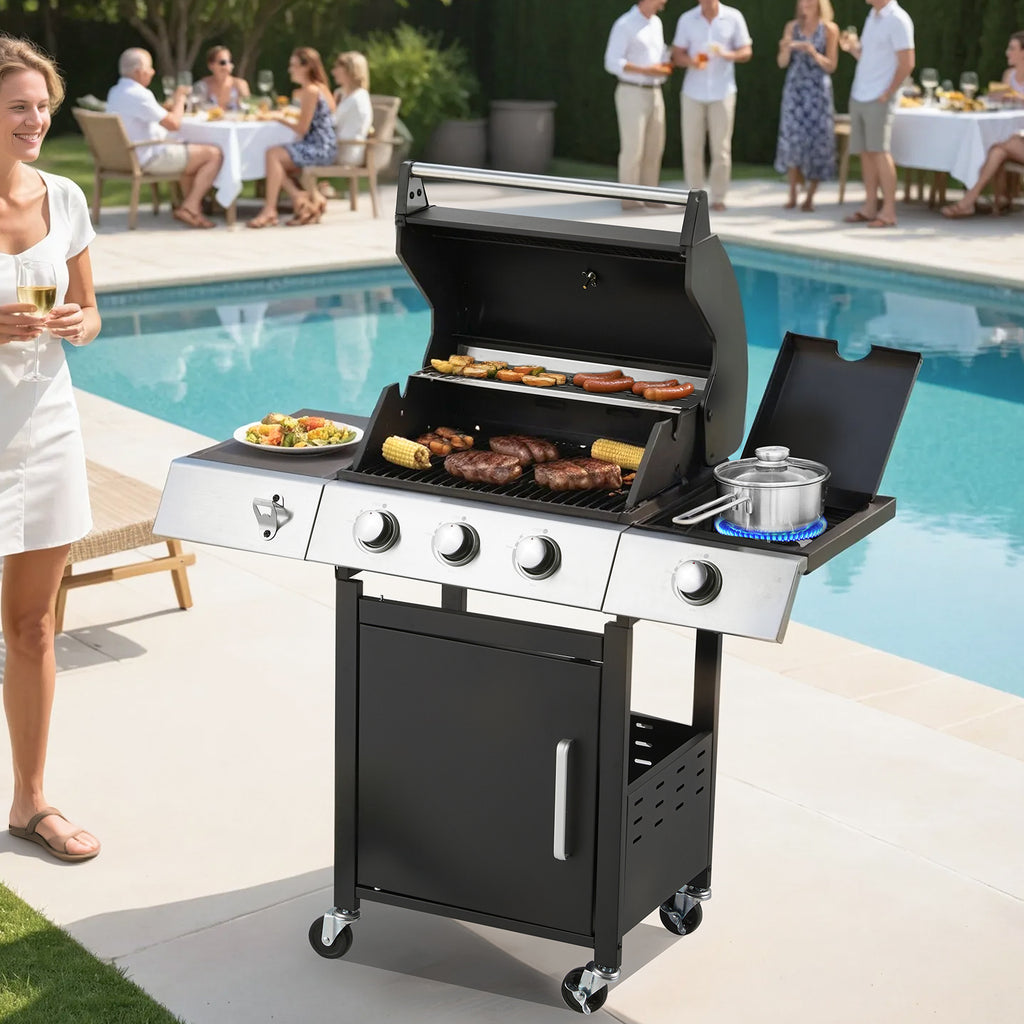 HOMREST Upgraded 36,000 BTU Stainless Steel Burner Barbecue Grill, 3 Burner BBQ Propane Gas Grill with Cast Iron Grates & Side Stove for Patio, Camping, Outdoor Cooking