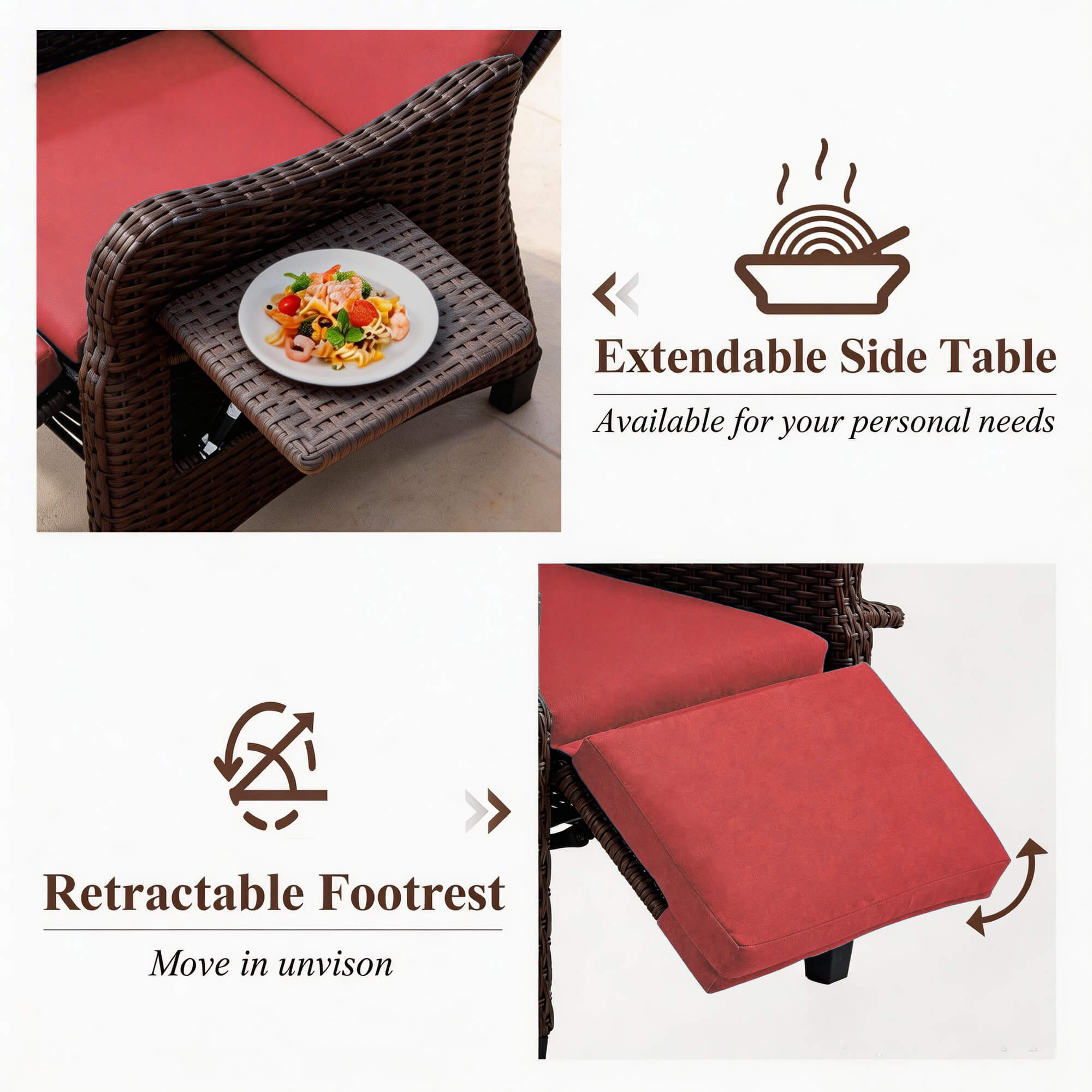 Homrest Outdoor Recliner Chair with Flip-up Table & Removable Cushion for Patio Deck Backyard, Red