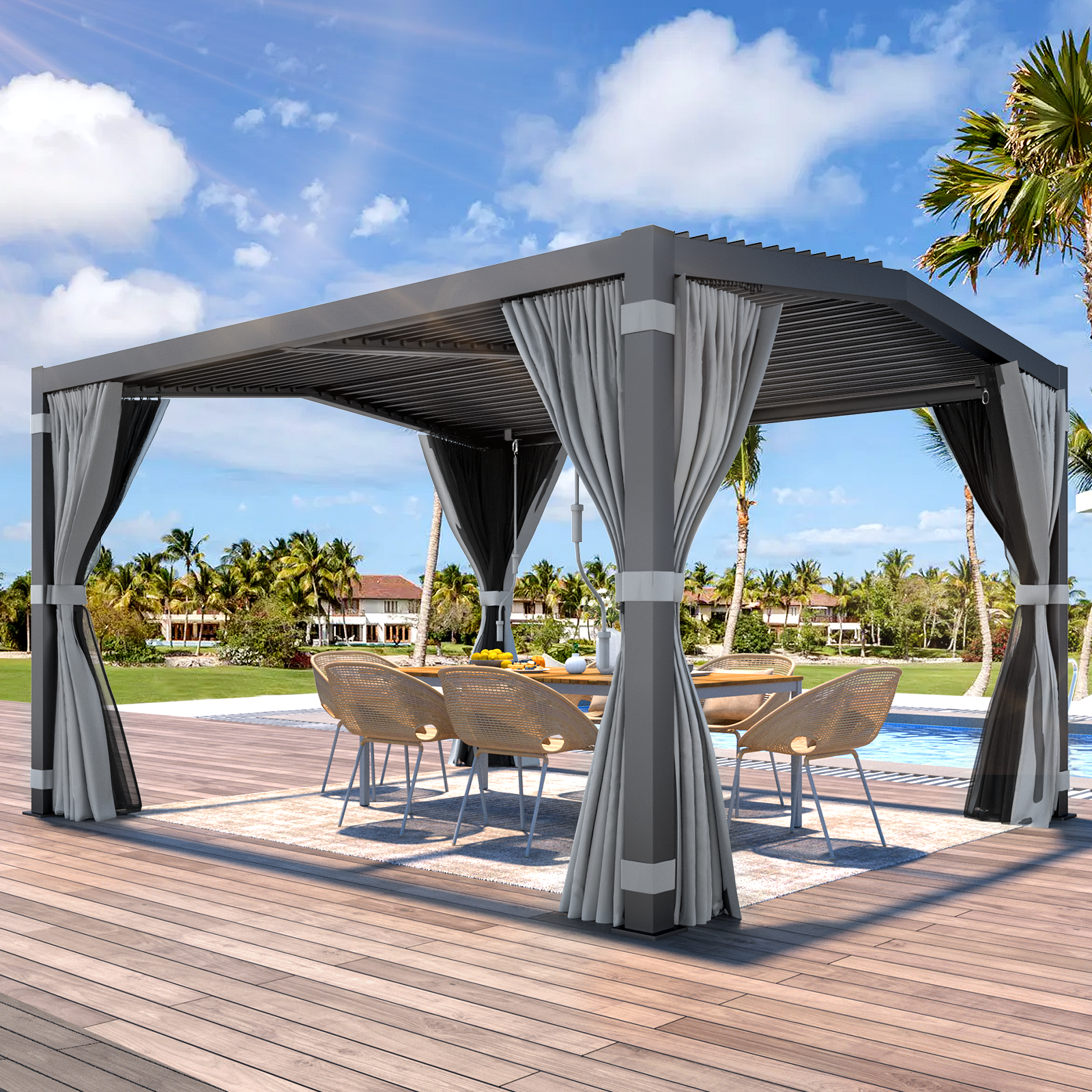 HOMREST Louvered Pergola 11x13 Outdoor Hard Top Pergola with Aluminum Frame and Adjustable Metal Rainproof Roof for Garden & Patio, Curtains and Netting Included, Gray-Black