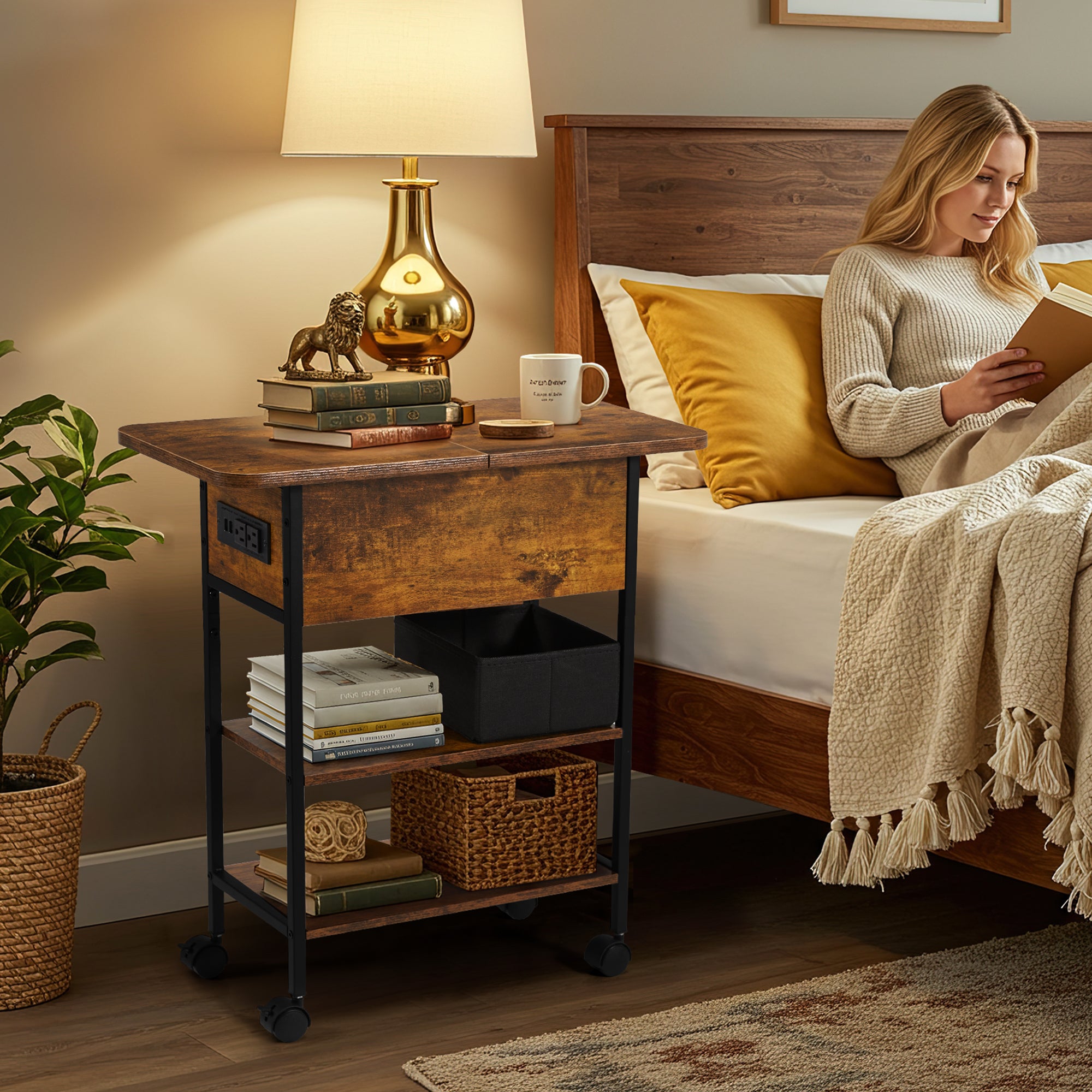 HOMREST Multi-Functional Flip Side Table, 360° Swivel Wheels & Storage Shelf for Living Room/Bedroom, Rustic Brown Wood End Table, Brown