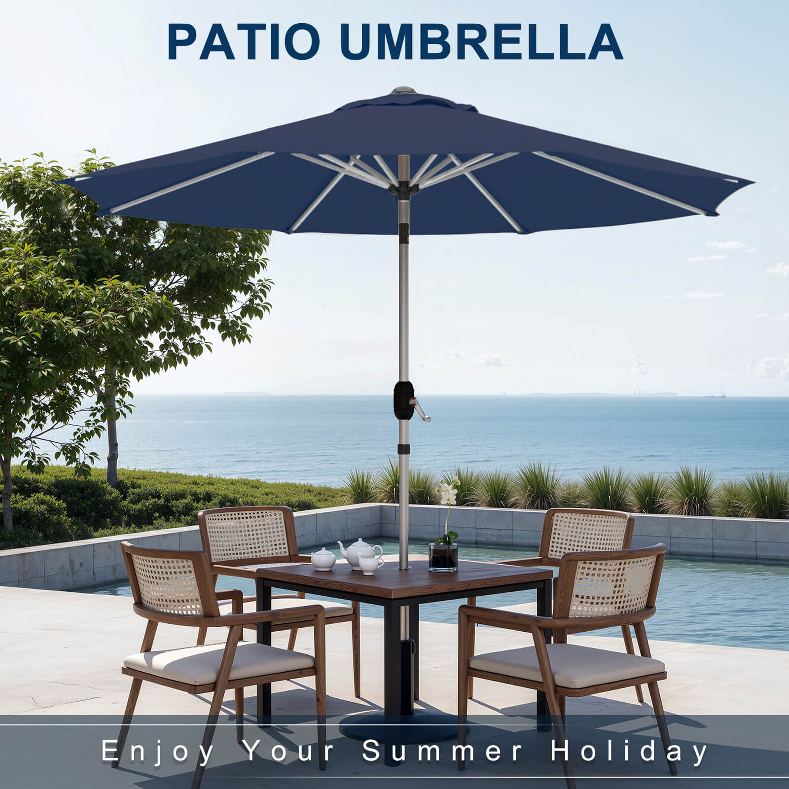 Homrest 9FT Aluminum Patio Umbrella, Fade-Resistant with Push Tilt, 8 Sturdy Aluminum Ribs Navy Blue