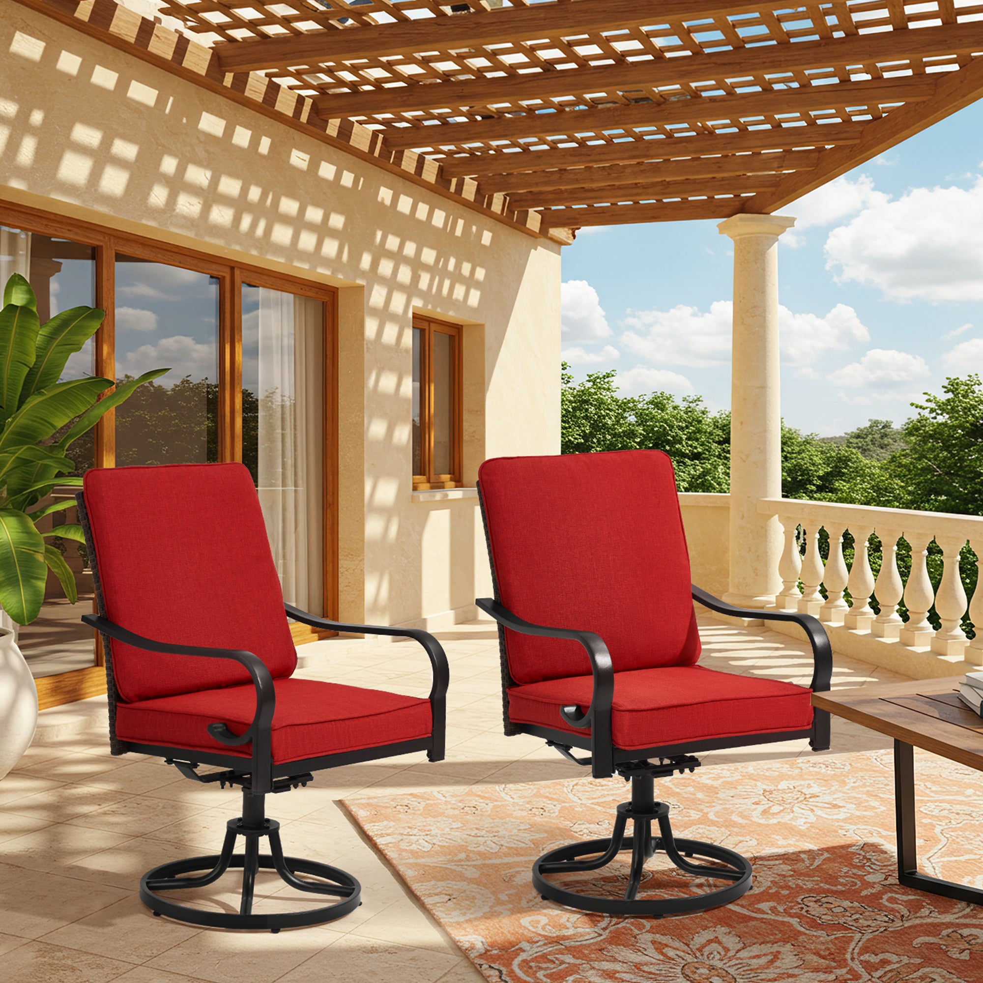 HOMREST Patio Swivel Chairs Set of 2 with Full Rattan Backrest, Red