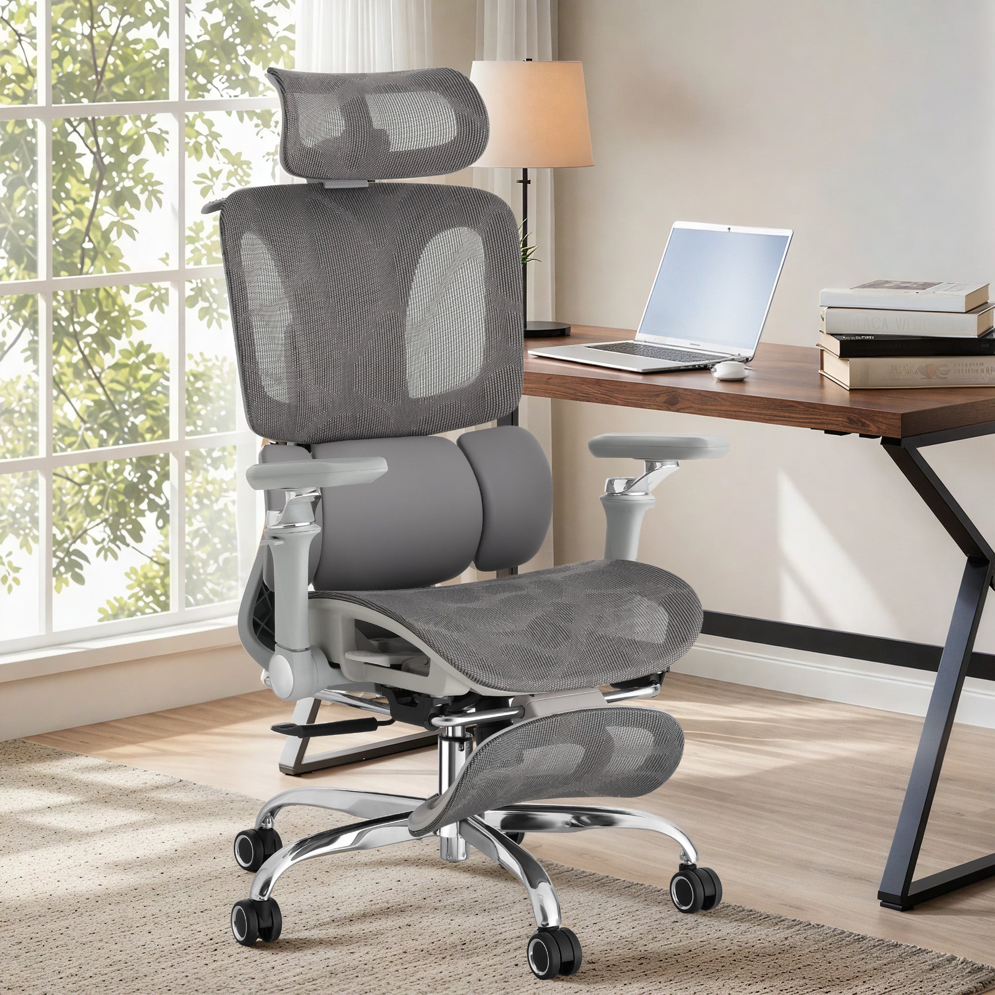HOMREST Ergonomic Office Chair with 3-Zone Dynamic Lumbar Support, Big and Tall Mesh Office Chair with Footrest, Adjustable Seat Depth,4D Headrest,6D Armrests, Swivel Executive Chair for Home Office, Grey