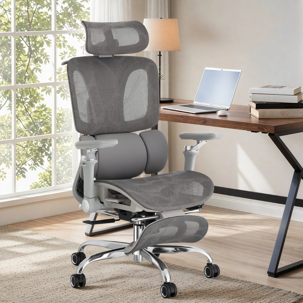 HOMREST Ergonomic Office Chair with 3-Zone Dynamic Lumbar Support, Big and Tall Mesh Office Chair with Footrest, Adjustable Seat Depth,4D Headrest,6D Armrests, Swivel Executive Chair for Home Office, Grey