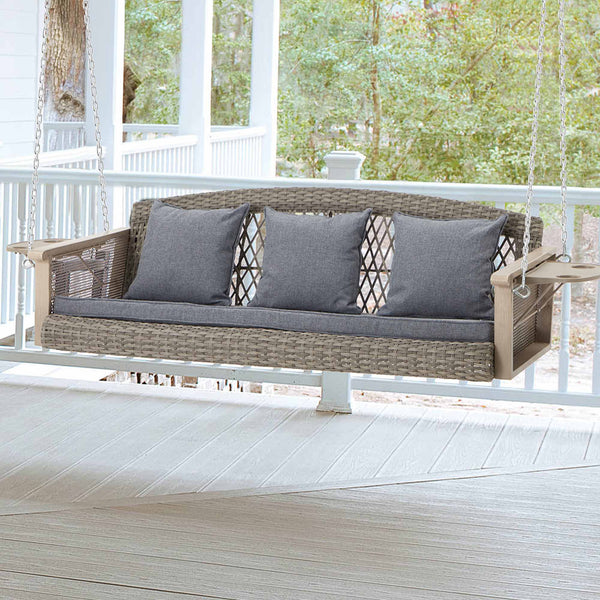  3-Seater Outdoor Wicker Swing with Cup Holders and Waterproof Cushions for Porch, Gray