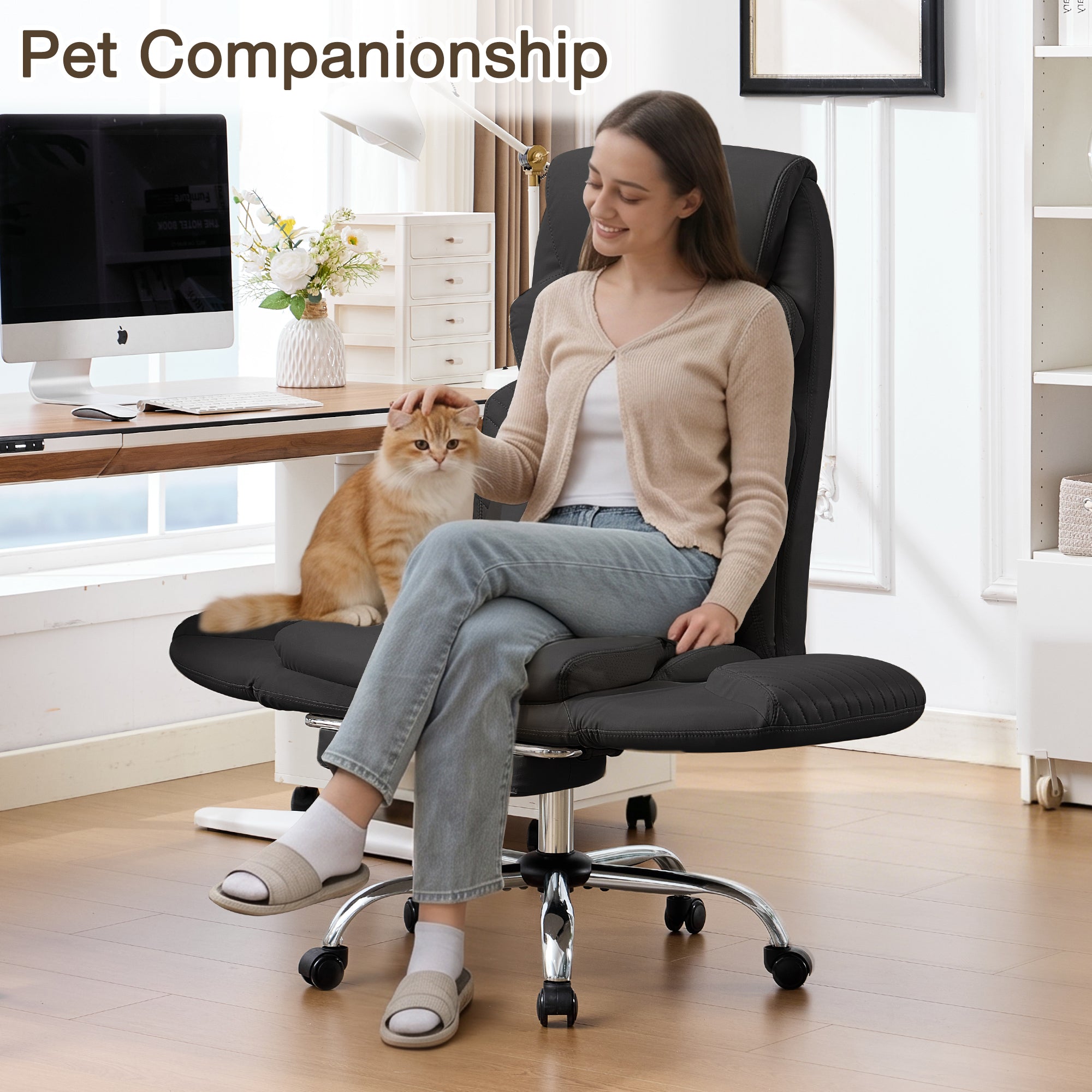 HOMREST Modern Cross Legged Office Chair with Footrest,Leather Ergonomic Executive Chair with Lumbar Pillow, Black