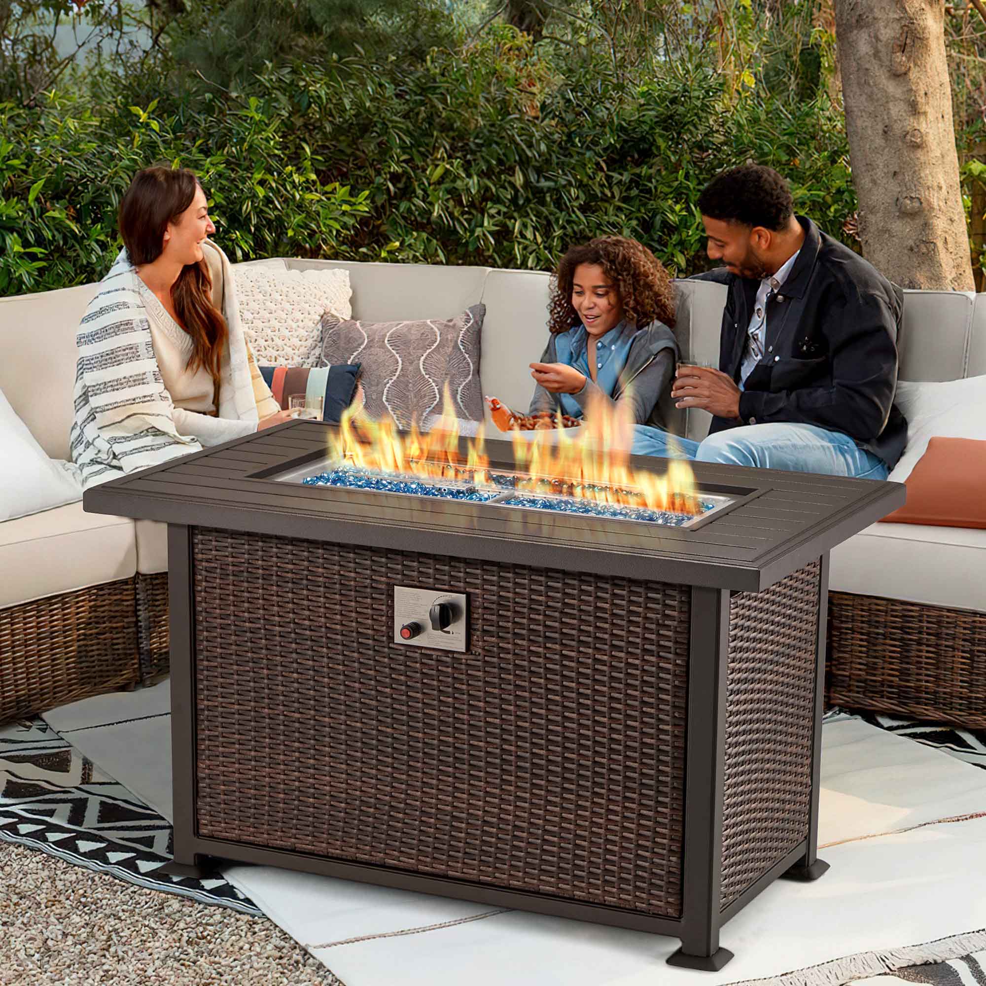 44 in Fire Pit Table 50,000 BTU Propane Fire Pit with Hidden Side Hooks, Dark Brown | Homrest Furniture