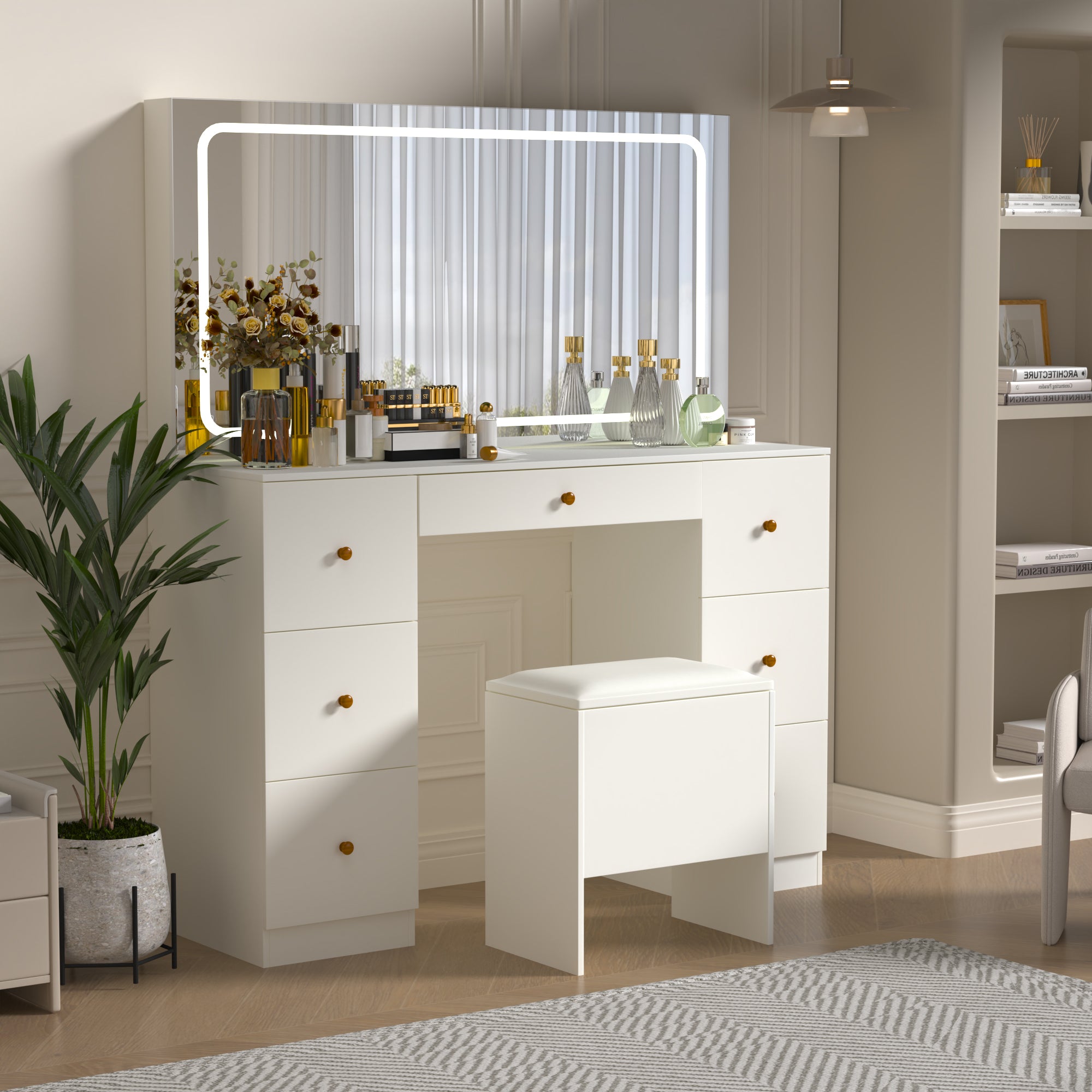 Homrest Modern Makeup Vanity Desk With Stool, USB & Power Outlet, Large Vanity Desk With Led Lighted Mirror & Charger Station , 7 Drawers Vanity Table With Cushioned Stool, White