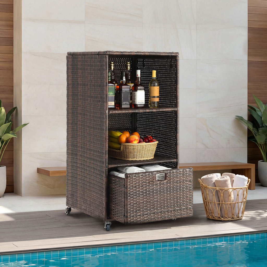 HOMREST Outdoor Pool Towel Rack with Storage Cabinet, Waterproof PE Rattan Wicker Poolside Towel Organizer with Shelves & Drawer, Rolling Wheels Towel Valet Caddy, Brown