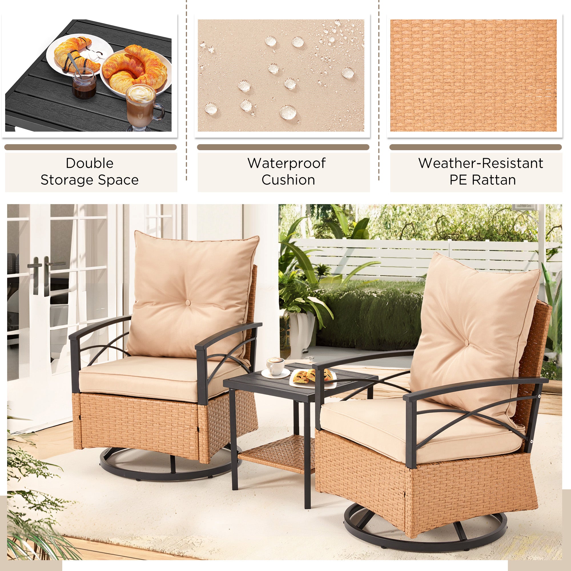 HOMREST 3-Piece Patio Swivel Rocker Set with Rattan Coffee Table, Beige
