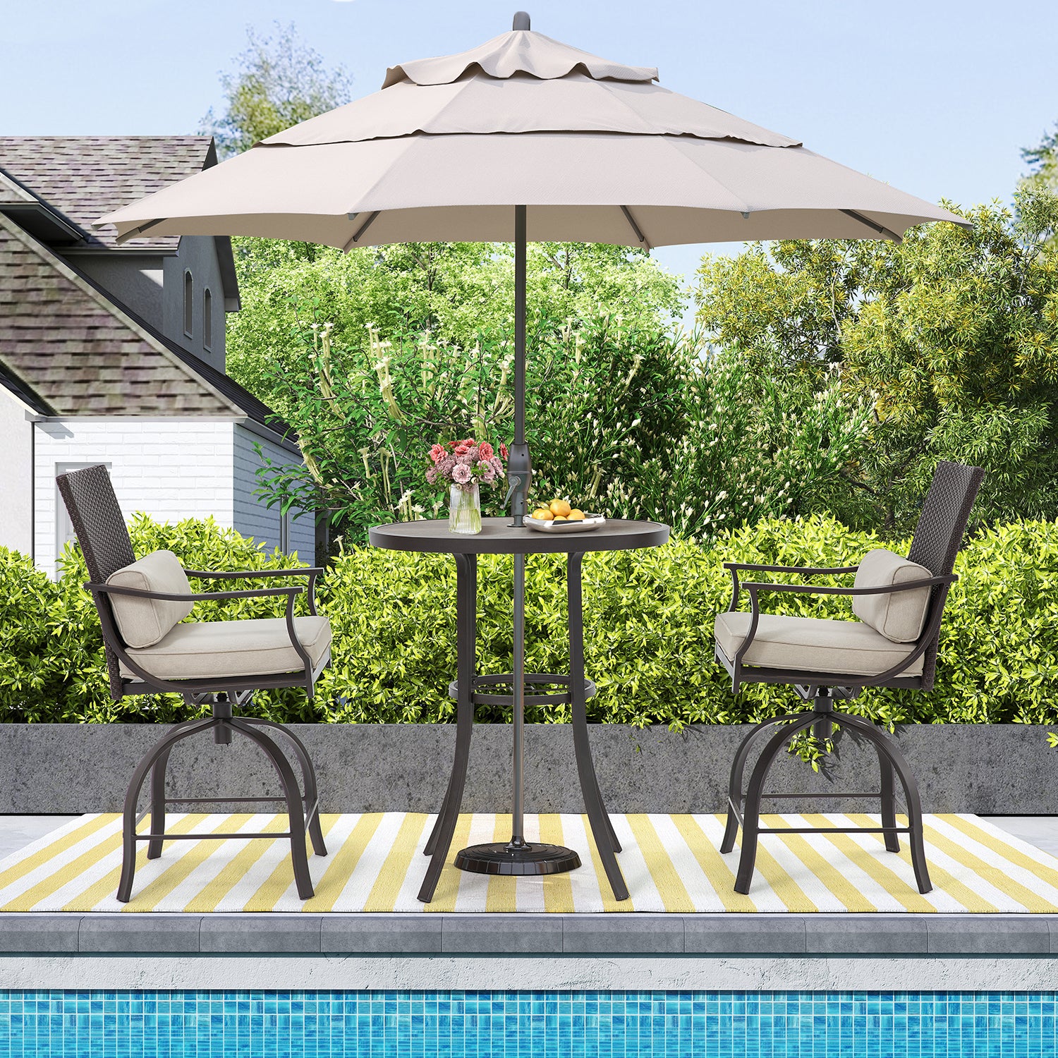 HOMREST 3 Piece Outdoor Patio Set, High Top Patio Bar Set, Beige