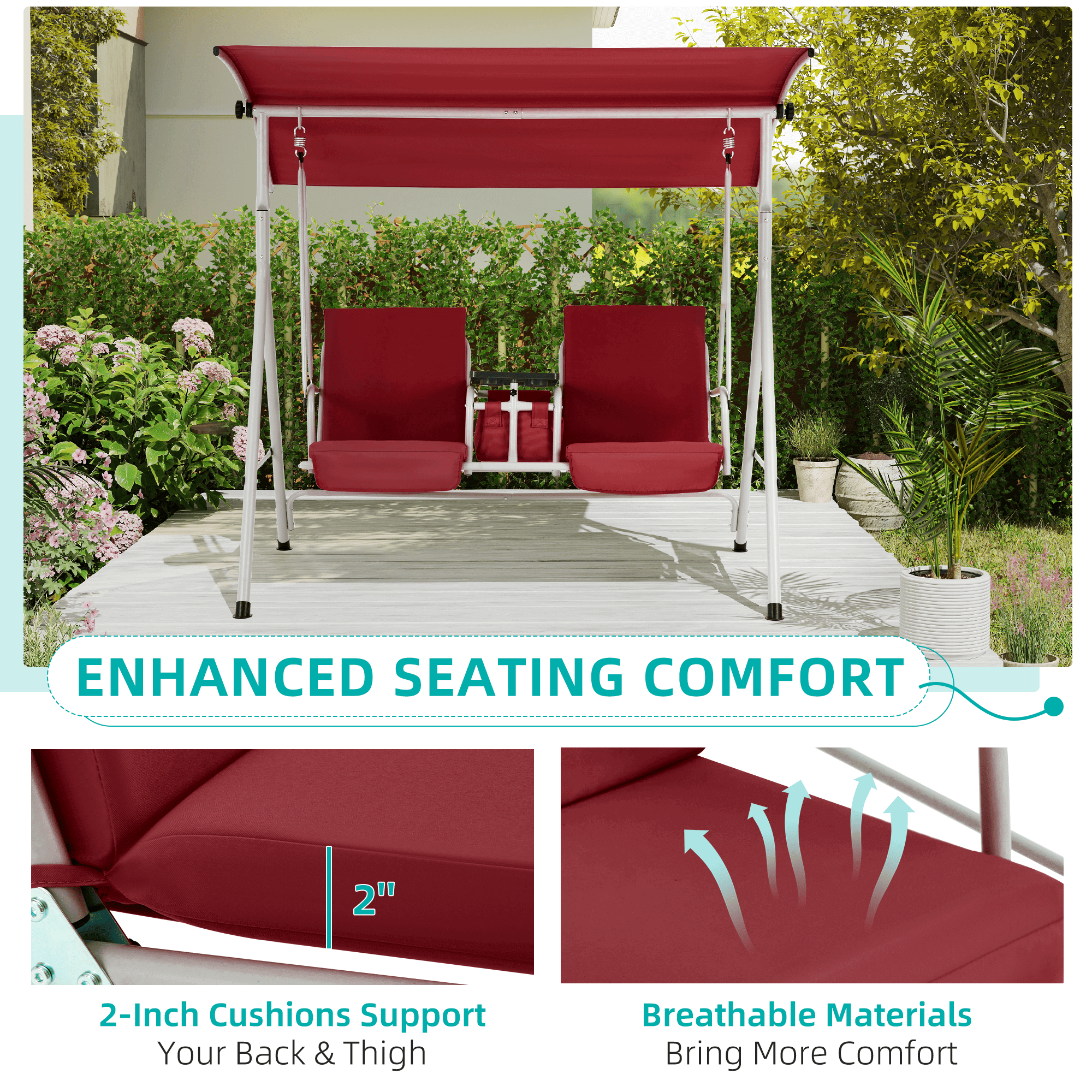 Homrest 2 Seat Outdoor Porch Swing with Adjustable Canopy, Wine Red