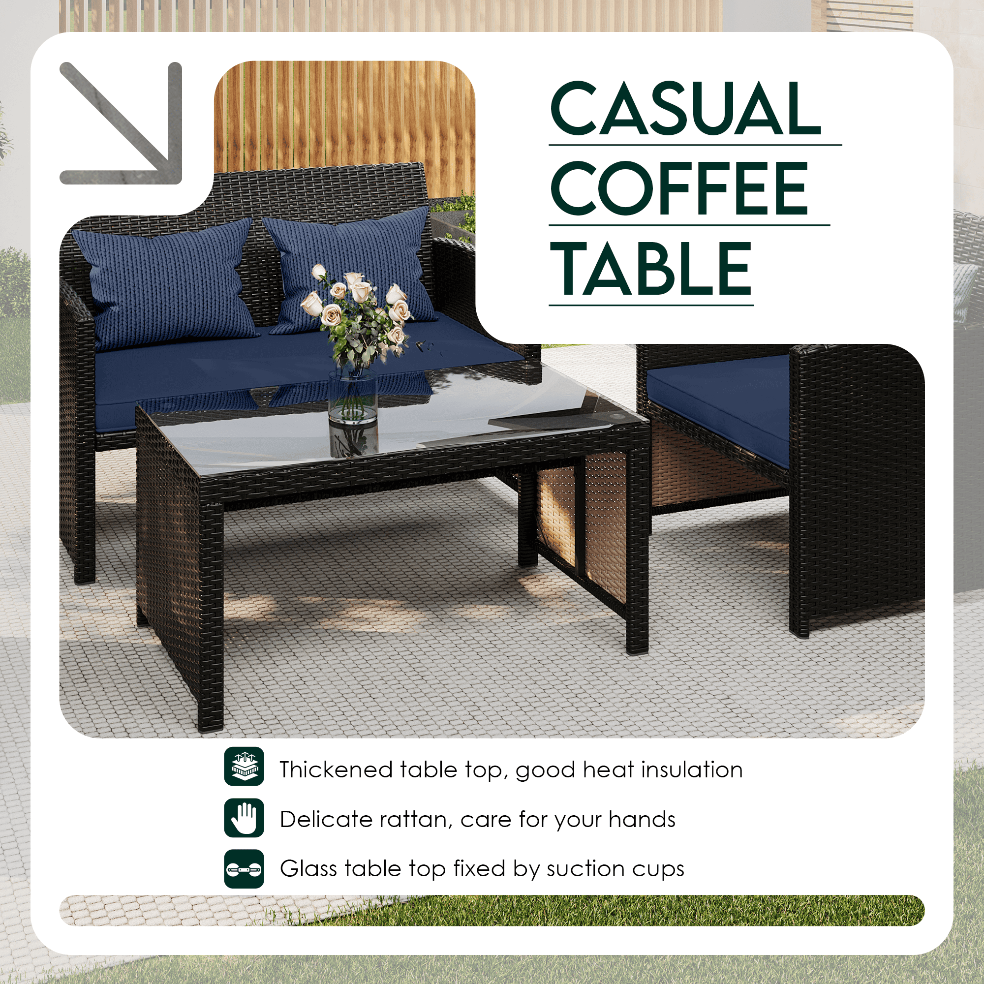 HOMREST 4-Piece Patio Furniture Set, Outdoor Wicker Patio Conversation Set with Cushions, Sofa & Glass Coffee Table, Navy Blue
