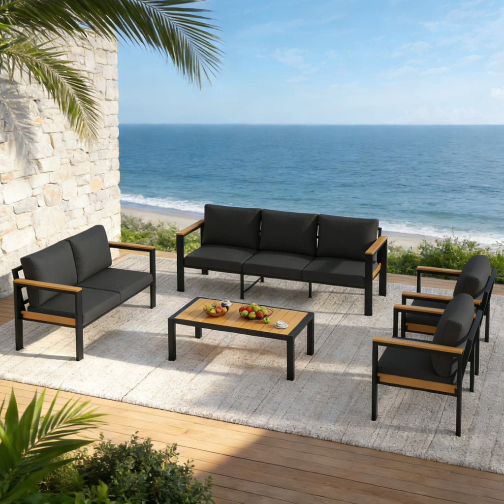 HOMREST 5 Piece Patio Furniture Set, Metal Patio Conversation Set with Coffee Table, All-Weather Outdoor Furniture, Black