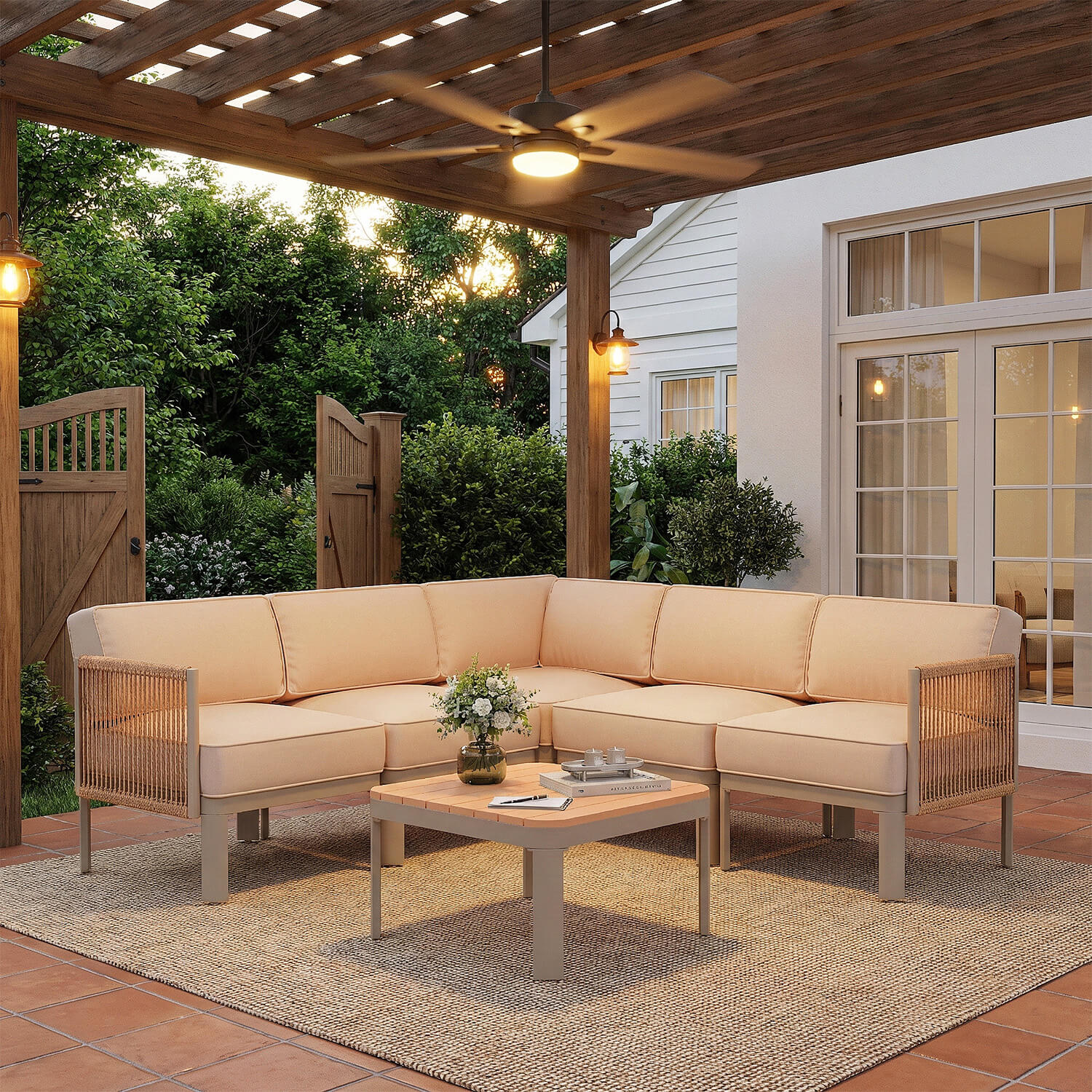 HOMREST 6-Piece Aluminum Patio Sectional Sofa Set, Outdoor Conversation Set with 6" Washable Thick Cushions & Coffee Table,  Beige