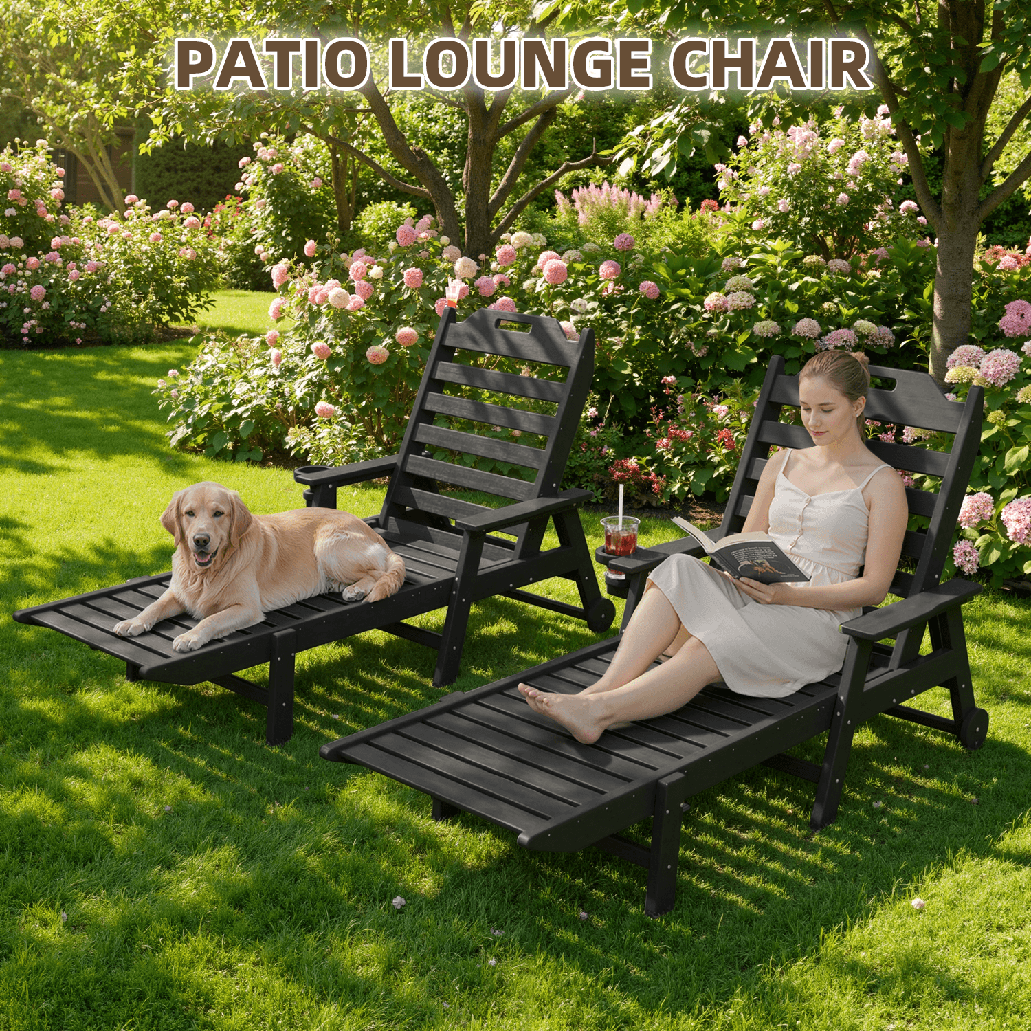 HOMREST 22" W Oversized Chaise Lounge Chairs, Adjustable HDPE Outdoor Chairs with Wheels & Cup Holder, Black