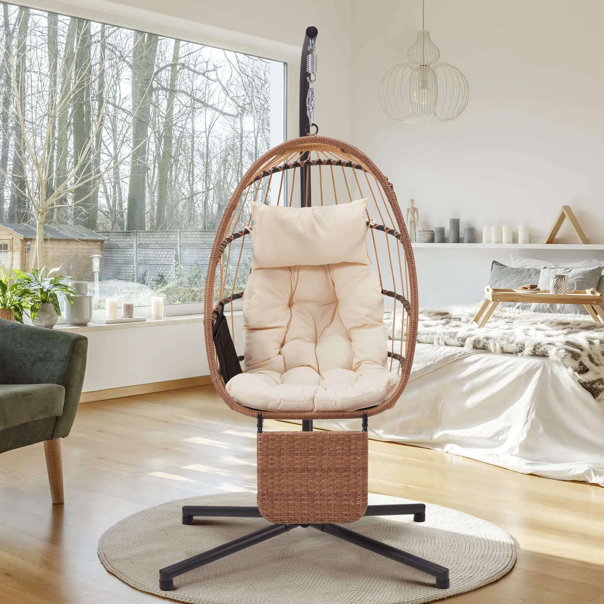 HOMREST Hanging Egg Chair with Stand & Removable Leg Rest, Hammock Chair for Patio, Bedroom, Beige/Natural