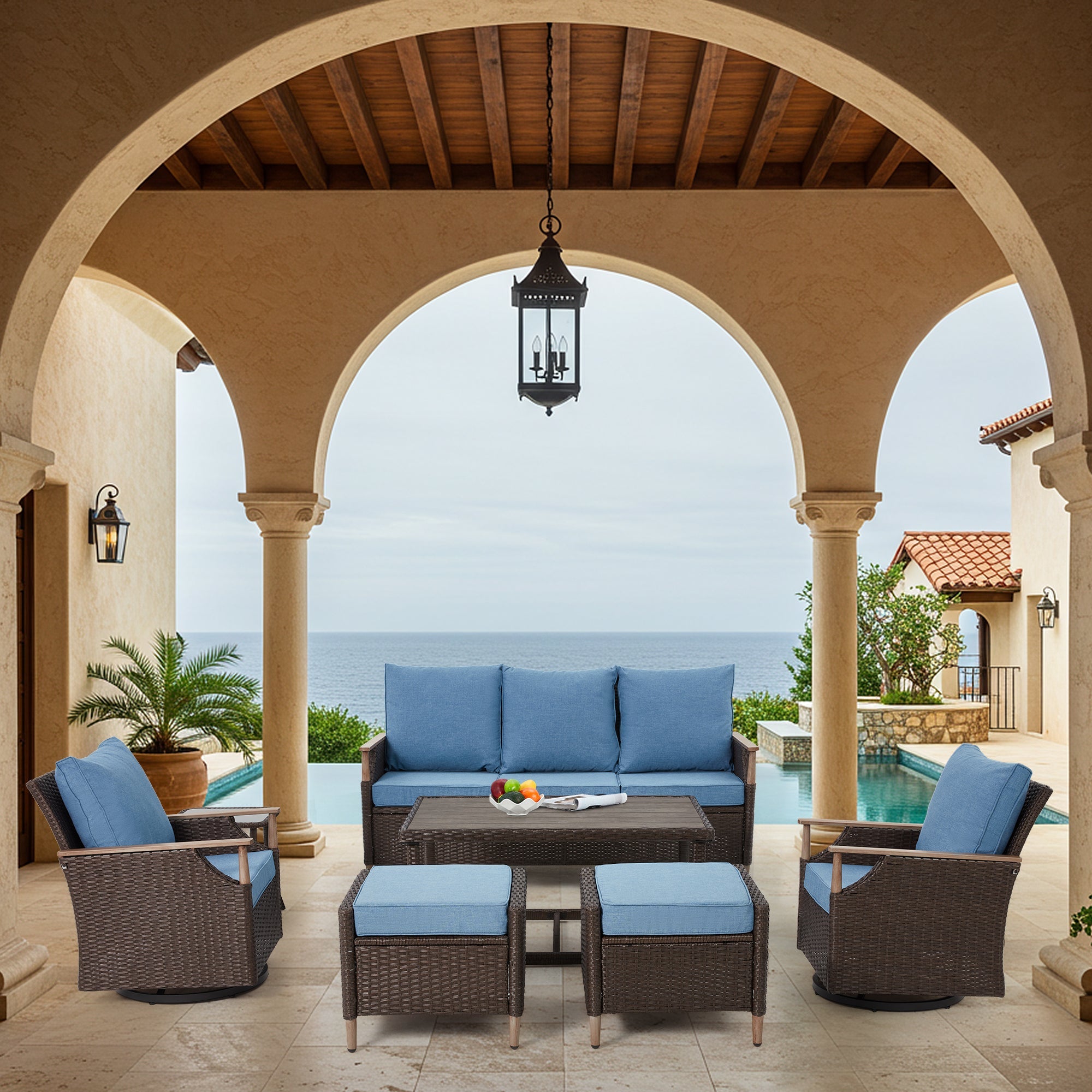 HOMREST 7-Piece Outdoor Wicker Patio Set with Swivel Chairs, Ottoman & Coffee Table, Blue