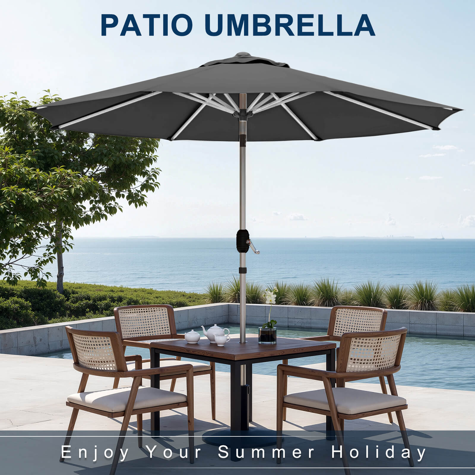 HOMREST 10FT Aluminum Outdoor Patio Umbrella with Push Button Tilt Function, Grey
