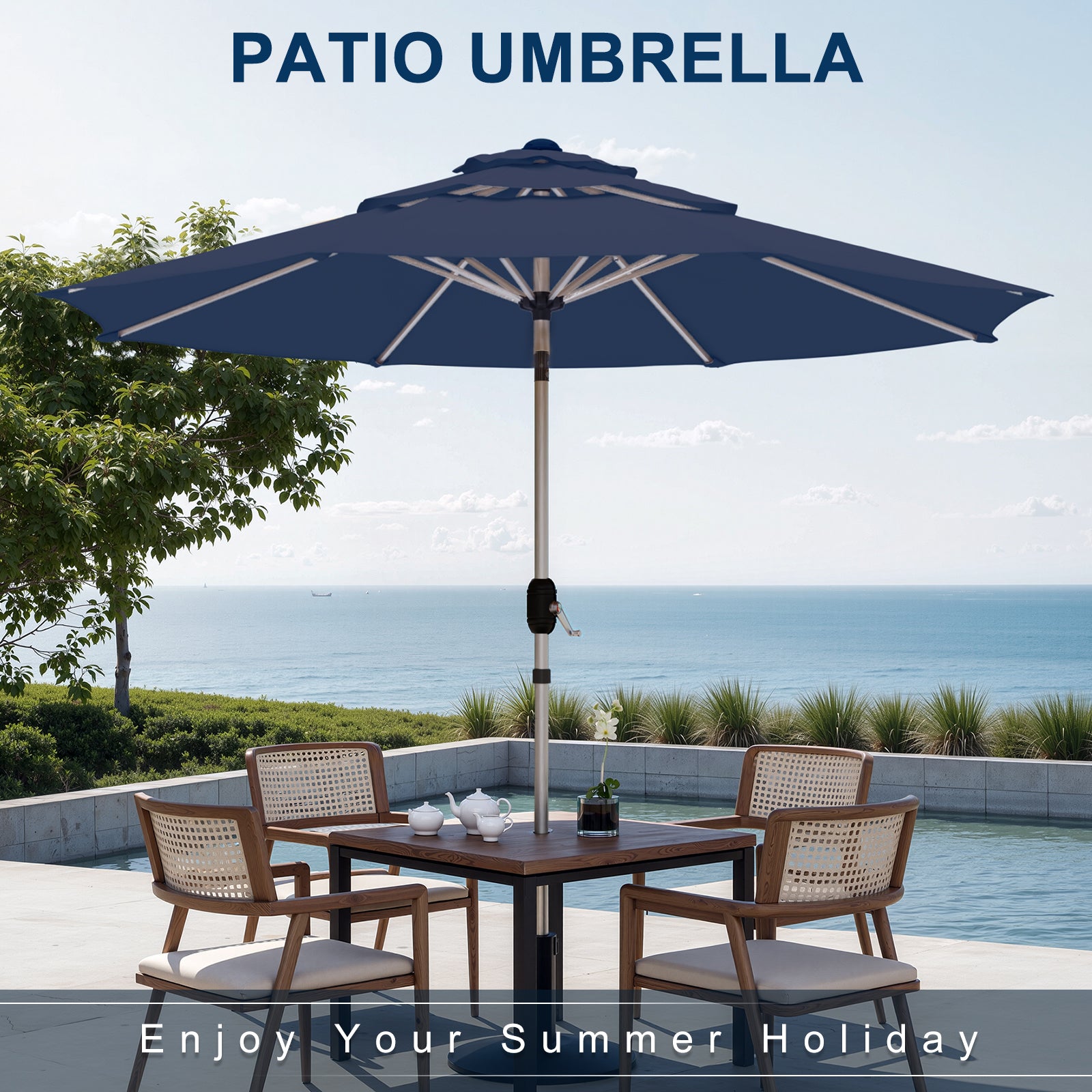 Homrest 9FT 3-Tier Aluminum Patio Umbrella, Fade-Resistant with Push Tilt, 8 Sturdy Aluminum Ribs,Navy Blue