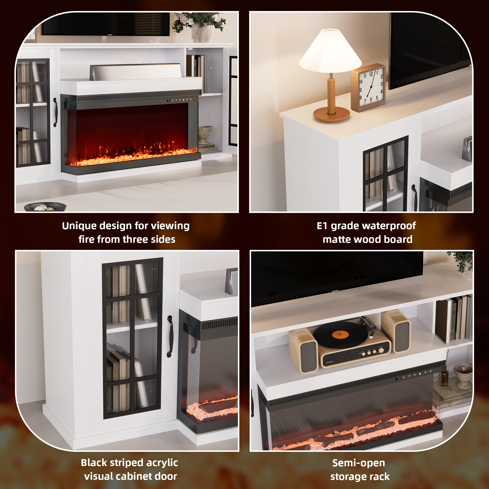 HOMREST 70" 3 Sided Glass Fireplace TV Stand, Modern Media Console with 12 Color Flames,White