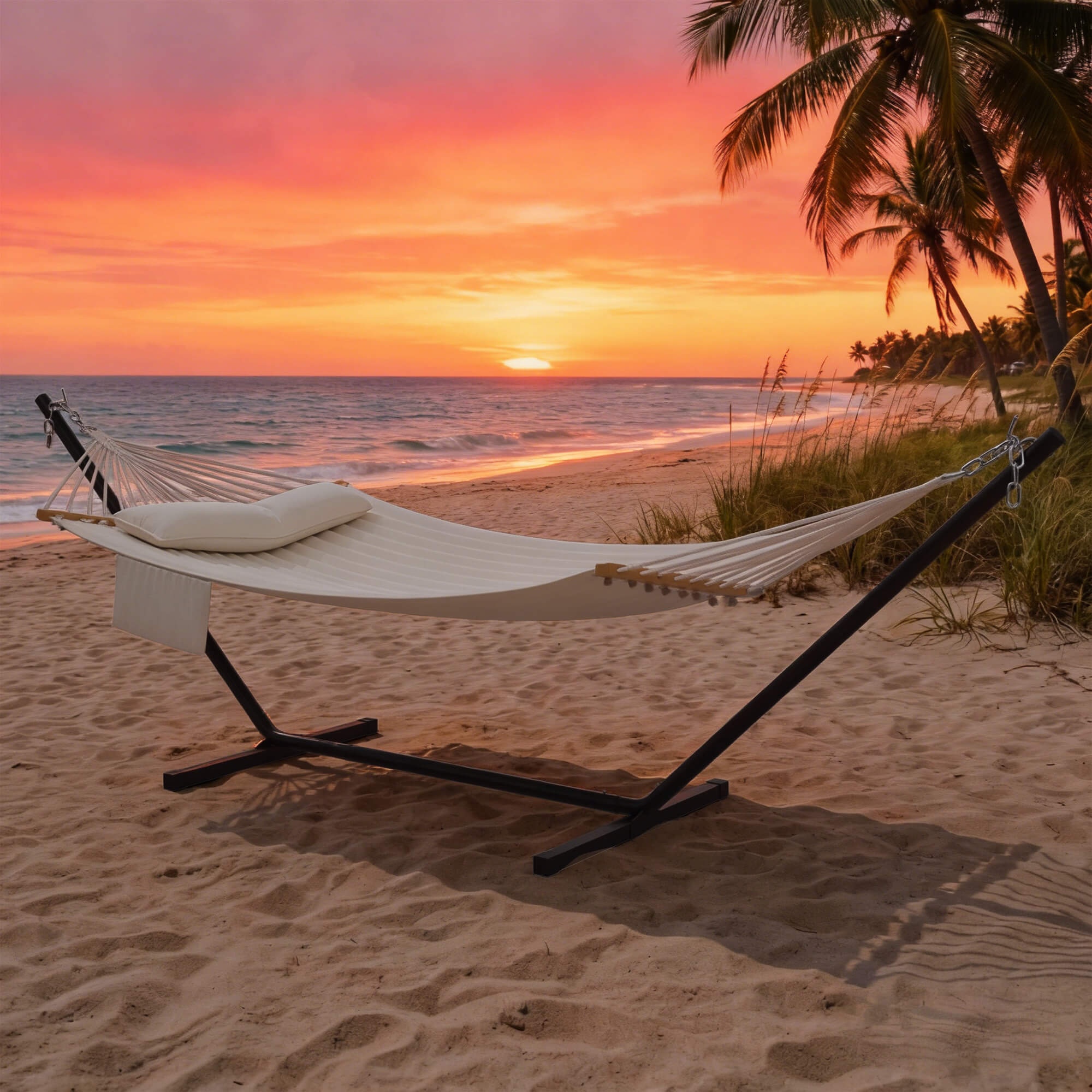 HOMREST Modern Rope Hammock with Stand, Portable Outdoor Hammock for Backyard, Beach & Camping, Off-White
