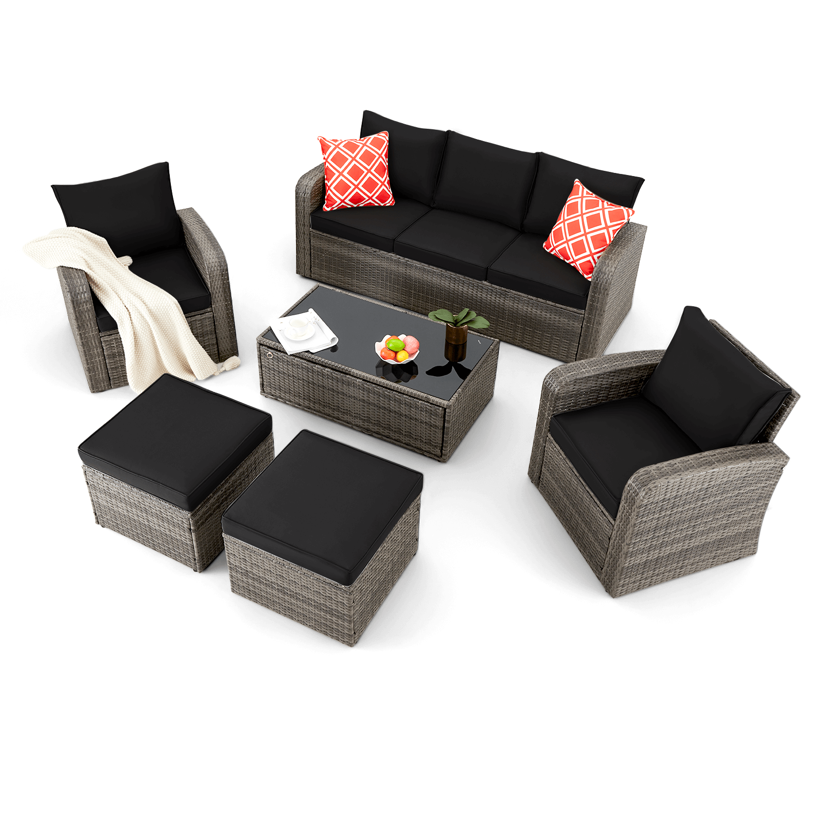 Homrest 6 Pcs Patio Furniture Sets with Coffee Table, Ottomans, Cushions & Pillows, Black