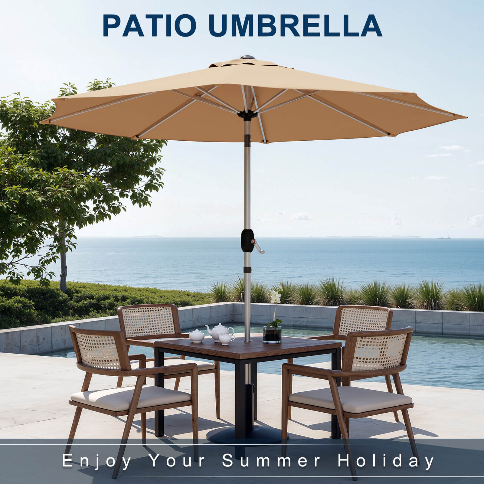 HOMREST 10FT Aluminum Outdoor Patio Umbrella with Push Button Tilt Function, Beige