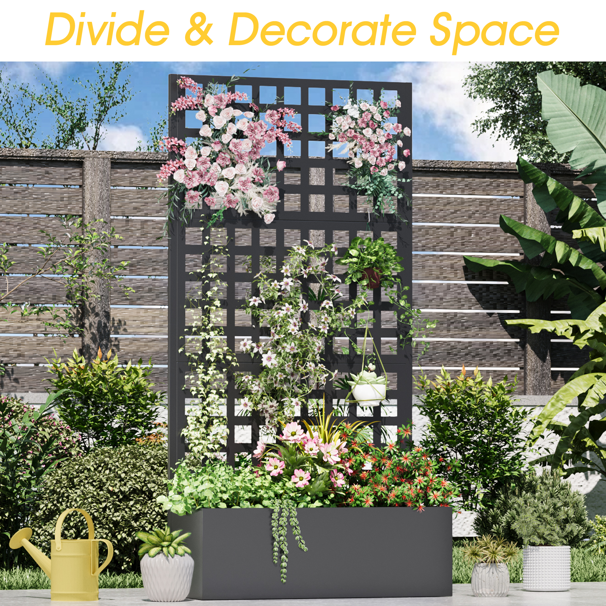 HOMREST Metal Planter Box with Trellis, 71"x 35"x 16" Raised Garden Bed with Trellis, Planter Box Trellis with Privacy Screen and Drainage Holes, Black