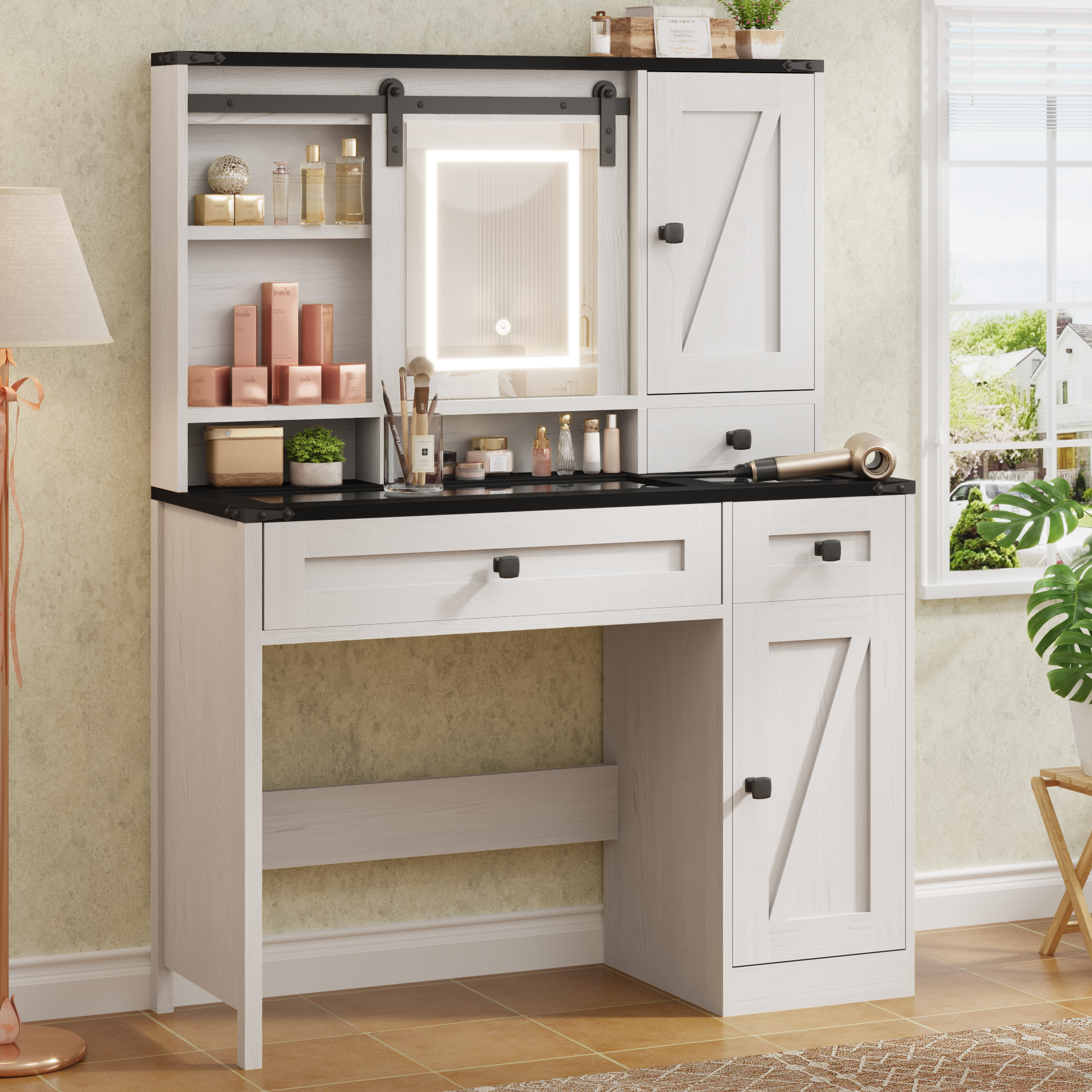 HOMREST Farmhouse Vanity Desk with Mirror, Lights and Jewelry Storage, Antique White