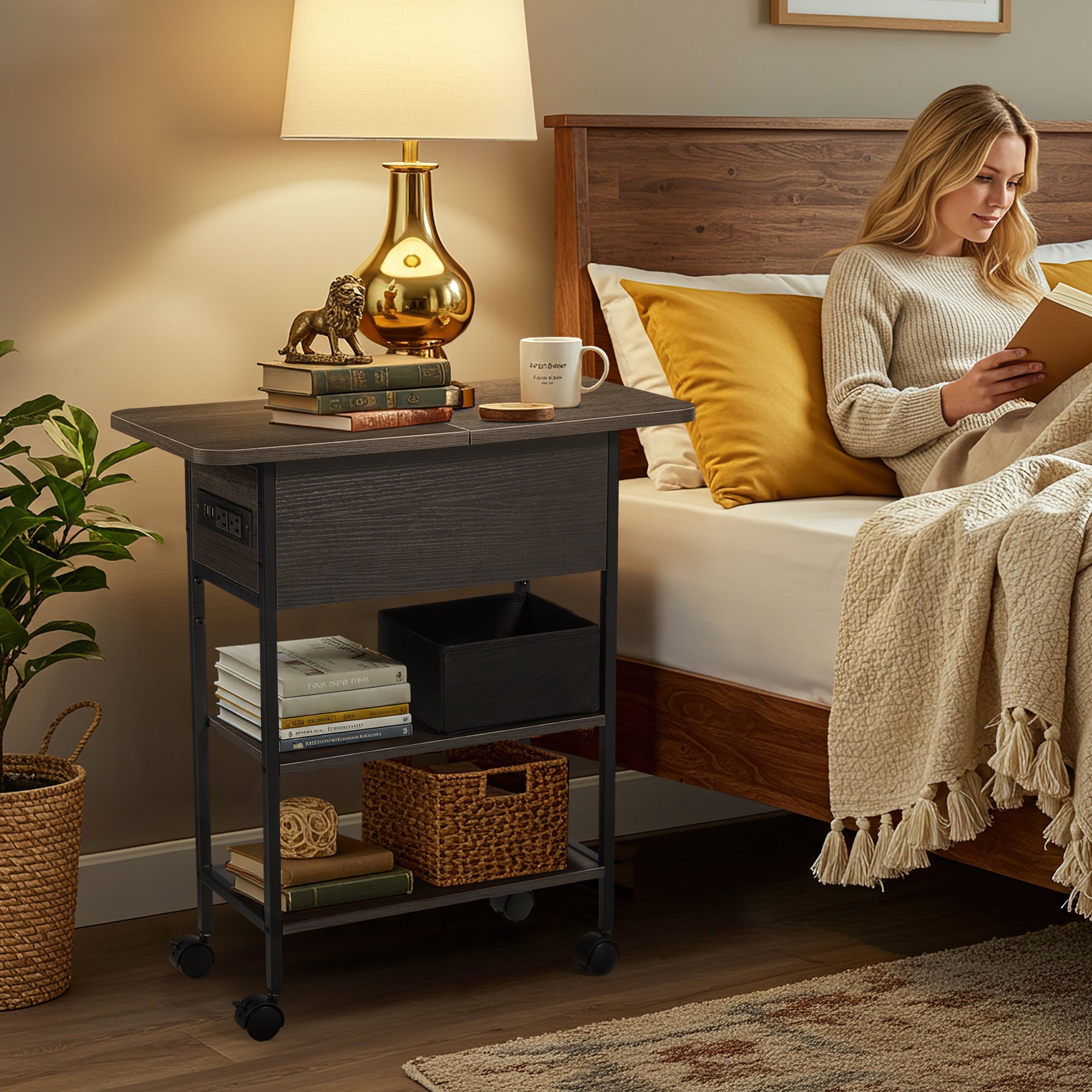 HOMREST Multi-Functional Flip Side Table, 360° Swivel Wheels & Storage Shelf for Living Room/Bedroom, Rustic Brown Wood End Table, Gray