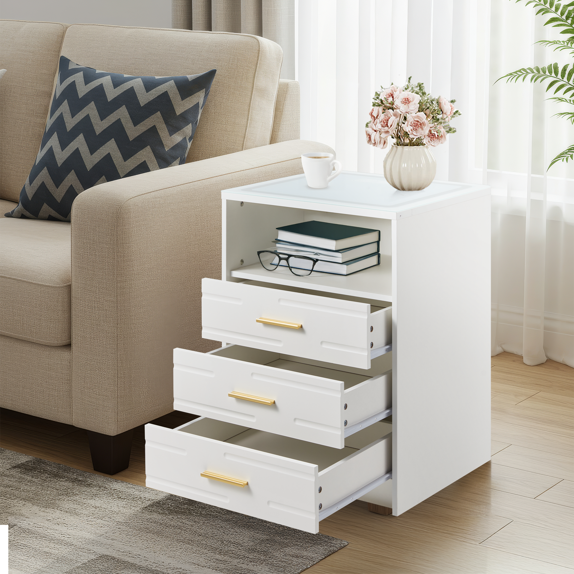 HOMREST LED Nightstand with Wireless Charging, Smart Bedside Table with Drawers & Adjustable LED Lights, White