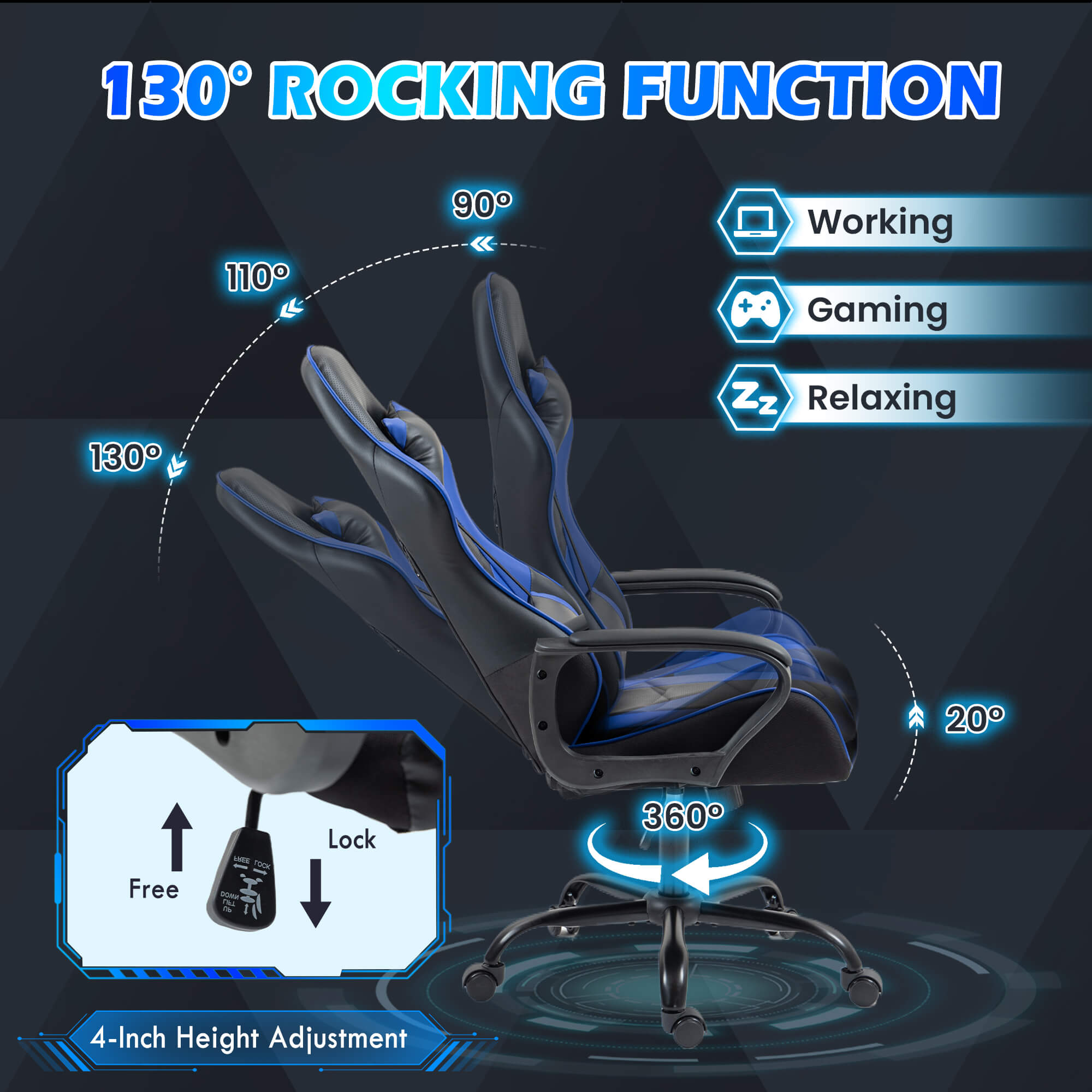 HOMREST Gaming Chair, Ergonomic Computer Gamer Chair with Massage Lumbar Support & Rocking High Back, Height Adjustable, Blue